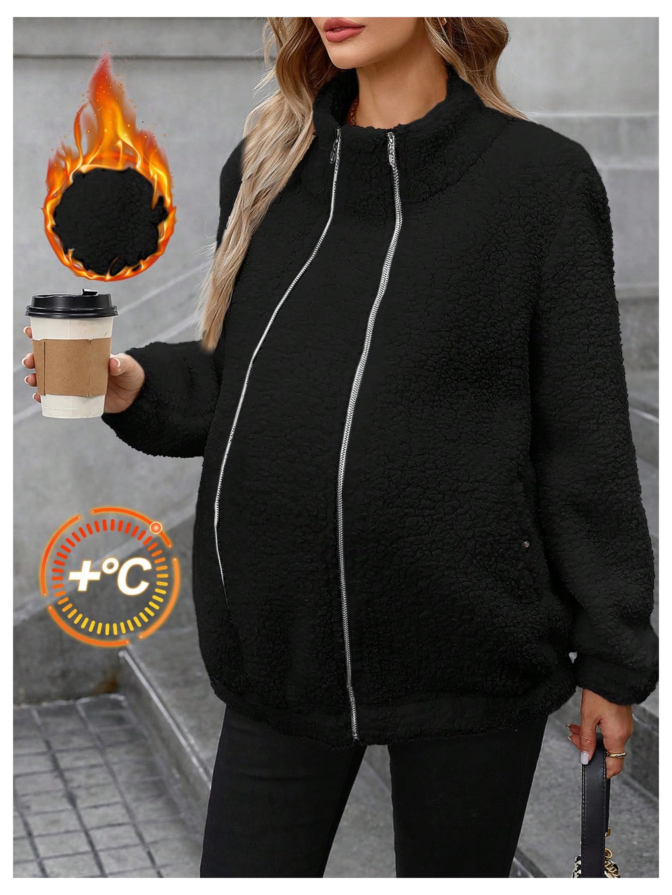 SOLY HUX Women's Maternity Winter Coat - Fleece Lined Zip Up Jacket for Pregnant Women | Pregnancy Coat Extender | Warm Outerwear for Winter Pregnancy, Nursing & Everyday Use