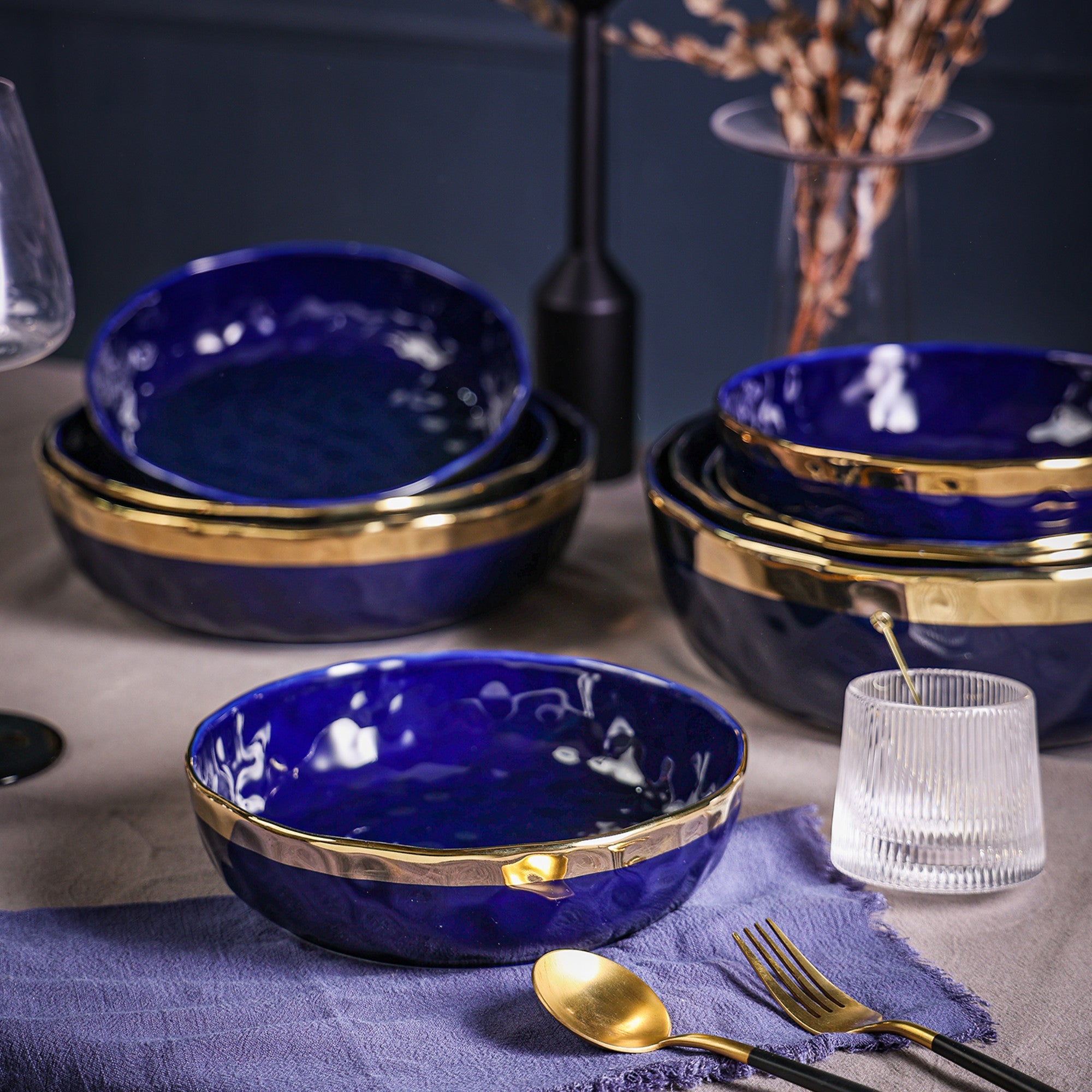 Premium Florian Porcelain Dinnerware Set - 6-Piece Blue Service Bowls for Elegant Dining & Entertaining | Perfect for Soup, Salad, Dessert & Family Gatherings