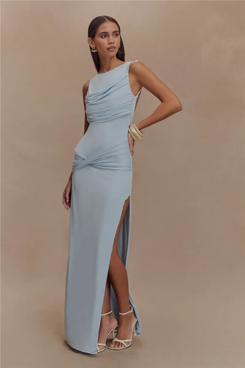 Sexy Backless Ruched Maxi Tank Dress for Women - Elegant O Neck Thigh High Split Bodycon Long Gown | Perfect for Summer Parties, Date Nights & Beach Vacations