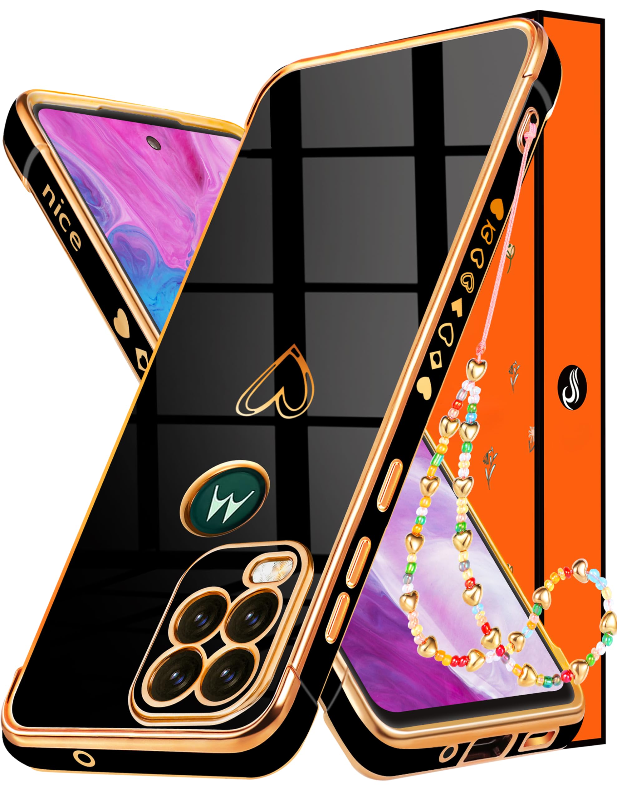 Cute Hearts Pattern Aesthetic Phone Case for Motorola Moto G Stylus 2021 (6.8 Inch) - 3-in-1 Protective Cover with Soft TPU & Anti-Drop Design, Classy Gold Paint - Perfect for Women & Girls (Black) | Great for Everyday Use, Work, School & Travel