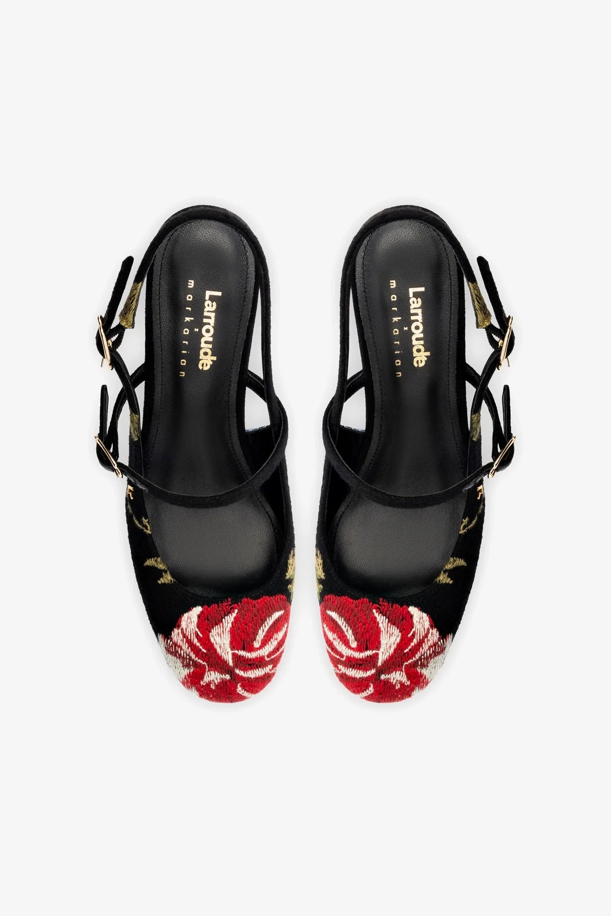 Larroudé x Markarian Black Wool Pump with Floral Embroidery - Elegant Women's Dress Shoes for Weddings, Parties & Special Occasions