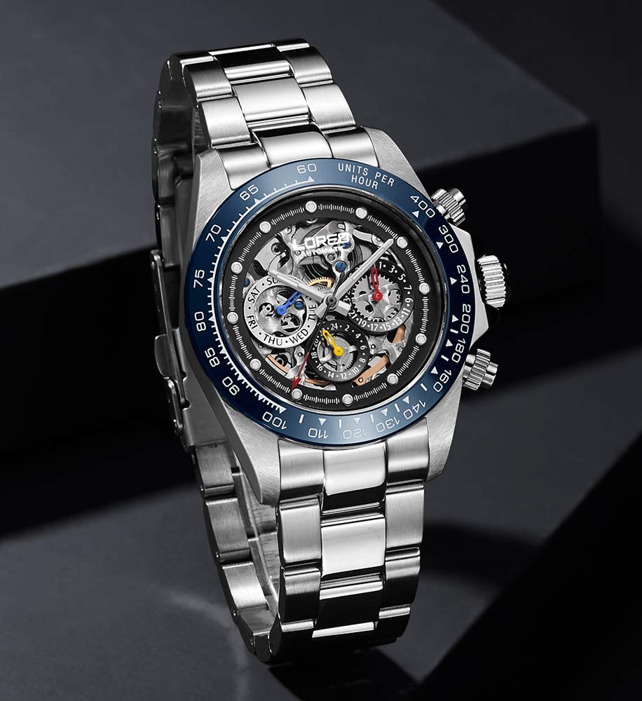 LOREO Men's Automatic Watch - Silver Stainless Steel, Sapphire Glass, Ceramic Bezel with Date - Military Diving Waterproof Watch for Outdoor Adventure & Business Casual Wear