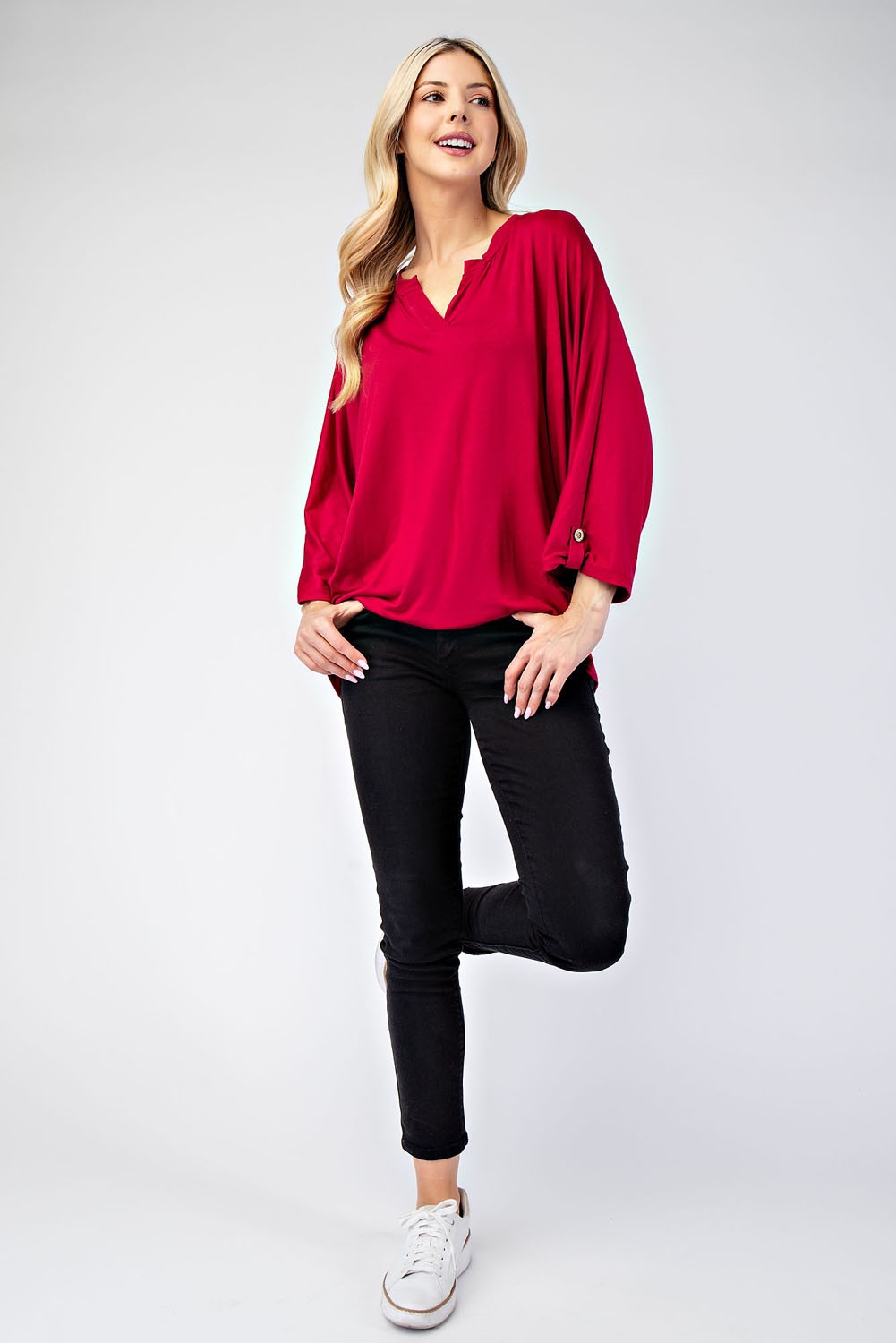 Celeste Women's Full Size Notched Three Quarter Sleeve Blouse - Elegant Office Wear & Casual Outfit