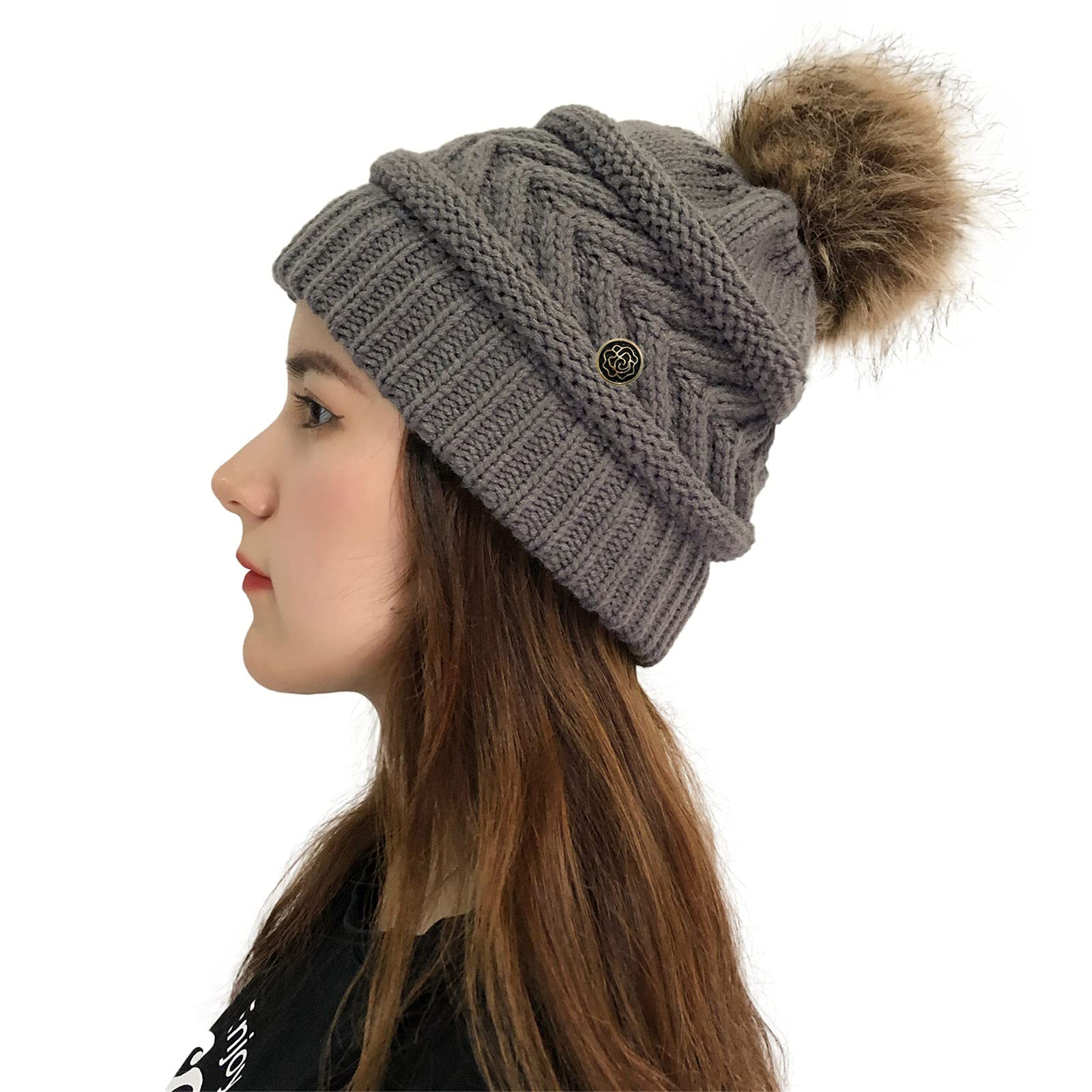 Warm Plush Knit Beanie Hat for Men & Women - Outdoor Winter Cap with Crochet Stitching & Button Detail - Perfect for Skiing, Hiking and Cold Weather Activities