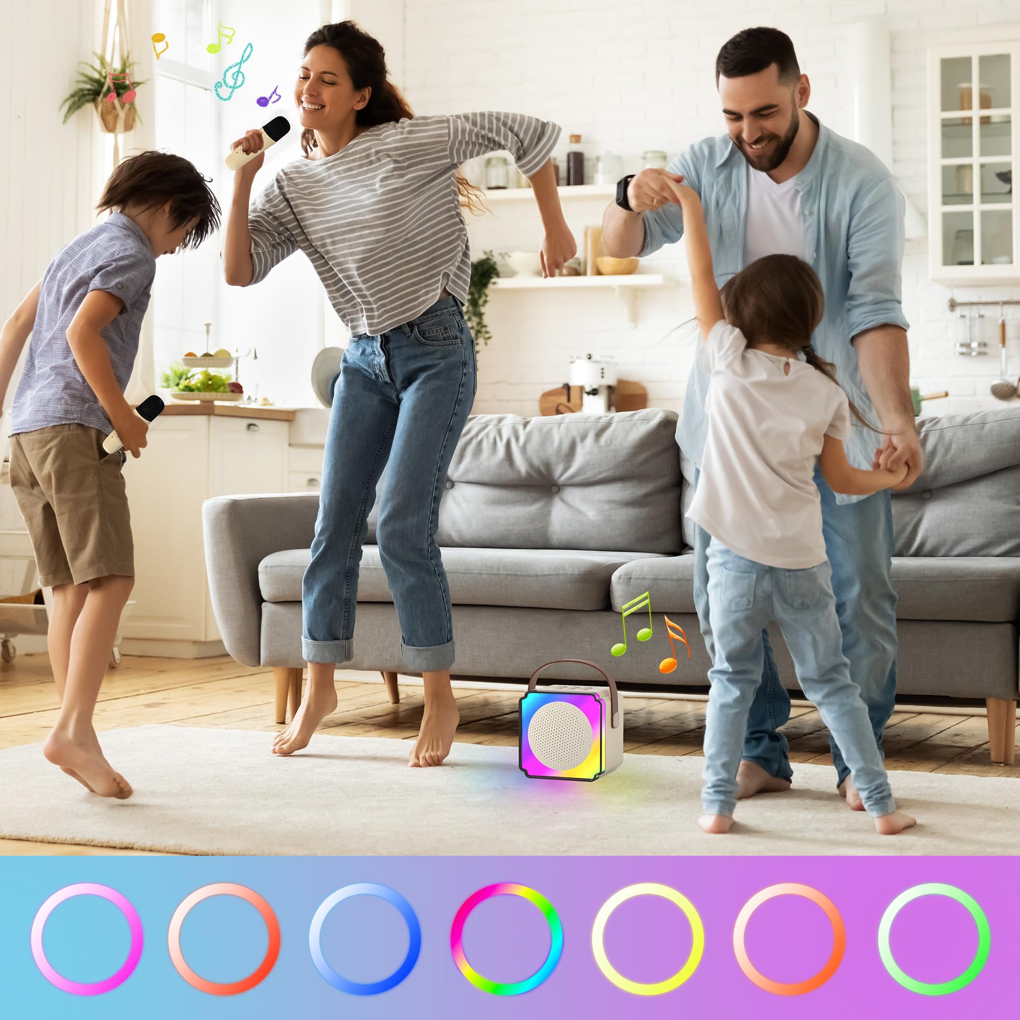 Wireless Karaoke Machine for Kids & Adults with 2 Microphones - Portable Bluetooth Singing System with Dynamic LED Lights for Home KTV, Birthday Parties, Outdoor Activities, Travel Entertainment & Family Fun