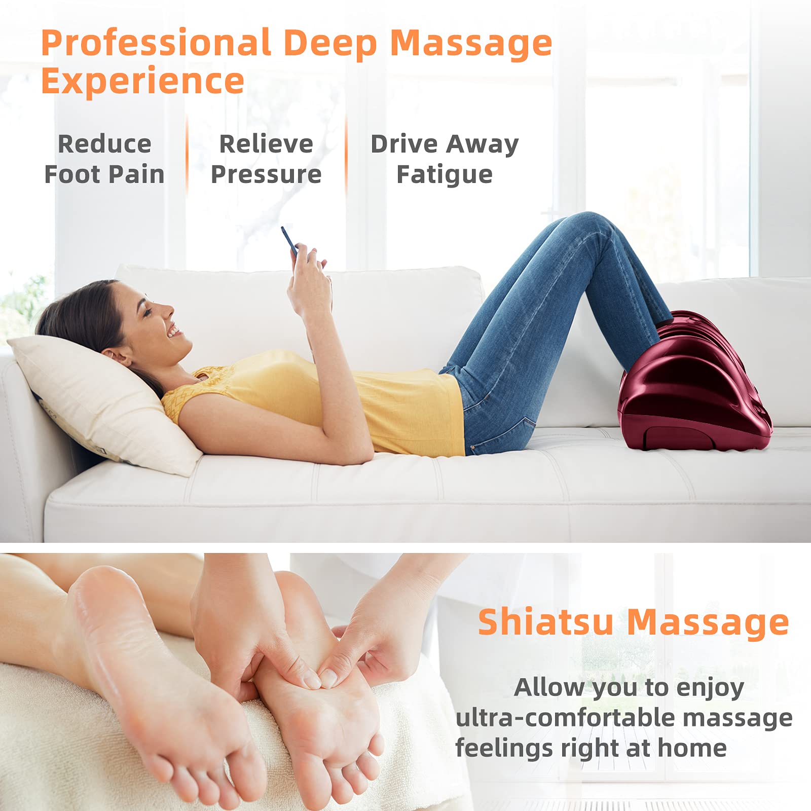 RELAX4LIFE Shiatsu Foot Massager Machine with Remote Control - 4 Programs & 3 Modes for Deep Kneading, Electric Calf & Foot Massage - Relieves Plantar Fasciitis, Tired Muscles - Touch Panel & Burgundy Design - Perfect for Home, Office & Post-Workout Recovery