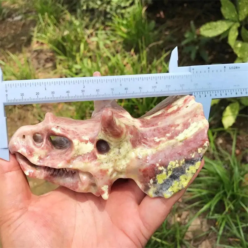 13CM Natural Peach Blossom Tourmaline Dinosaur Skull Crystal Carving - Healing Stone, Fashion Jewelry & Home Decor - Unique Birthday Gift for Crystal Lovers (1pc) - Perfect for Meditation Spaces, Office Desks & Gift Giving