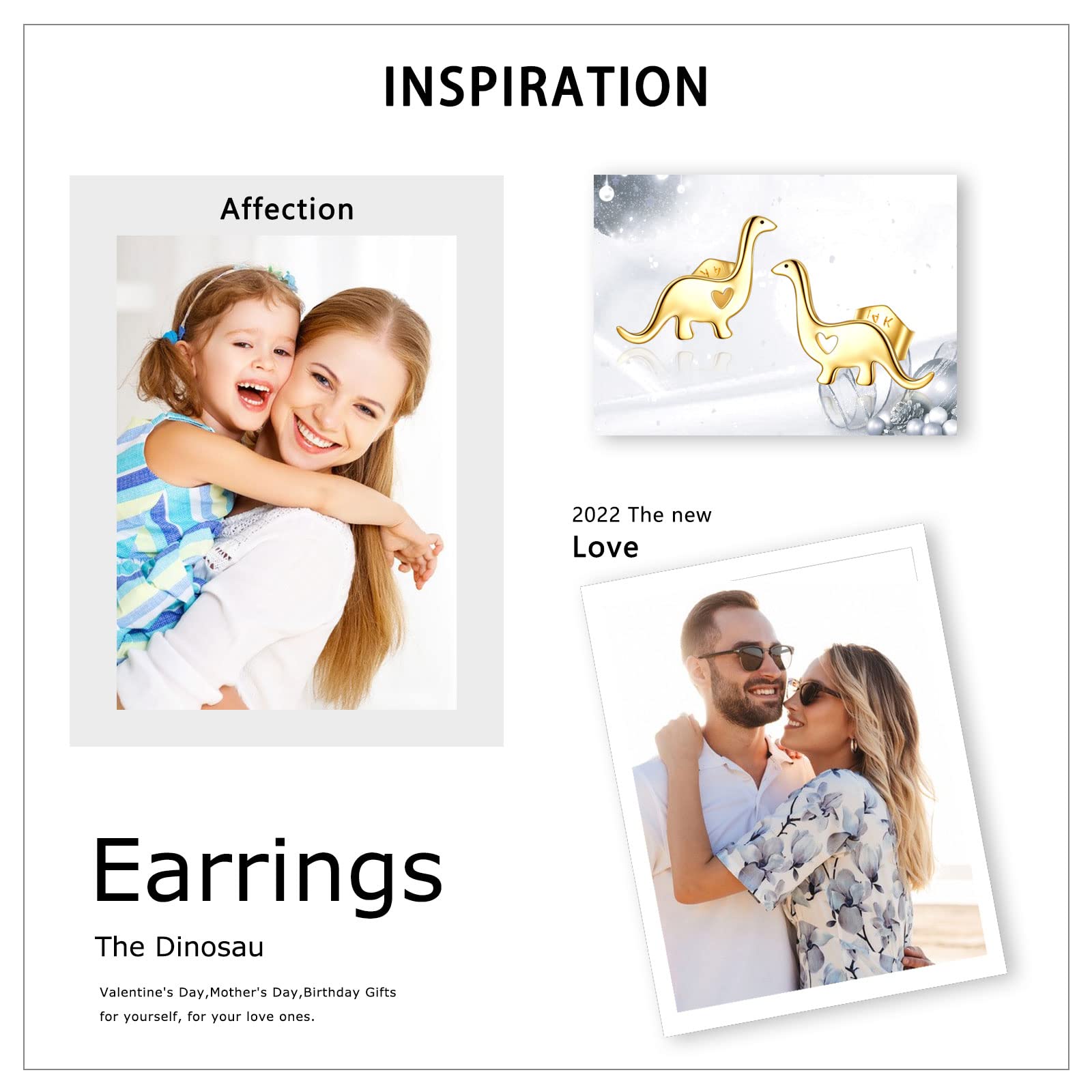 14K Gold Dinosaur Earrings for Women - Dainty Heart Stud Earrings Jewelry Gift for Her | Perfect for Birthday, Anniversary, Valentine's Day Gifts