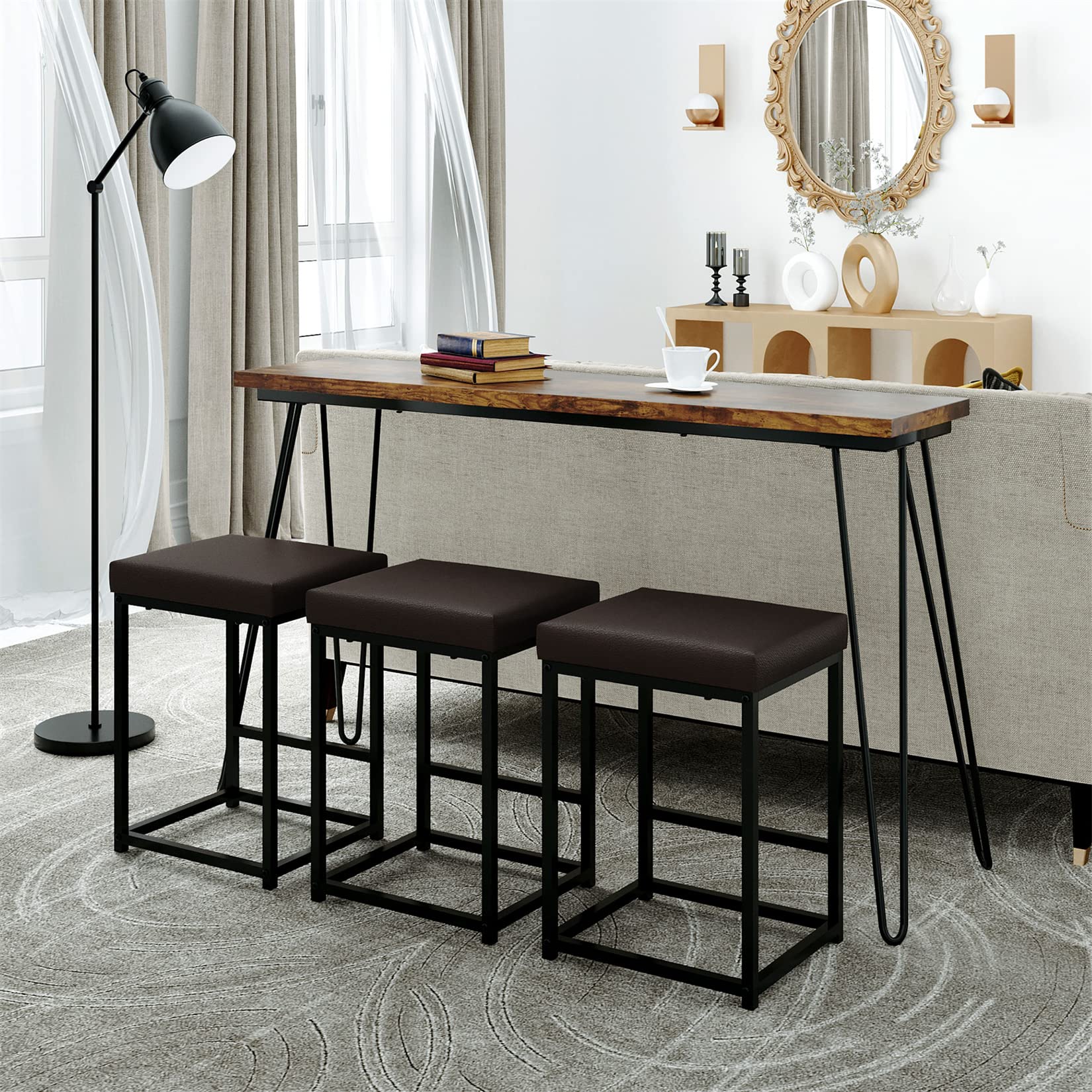 Bellemave 4-Piece Counter Height Bar Table Set with 3 Faux Leather Stools - Extra Long Kitchen Dining Set, Rustic Brown Table & Black Stools for Breakfast Nook, Kitchen Island, or Living Room Console Table