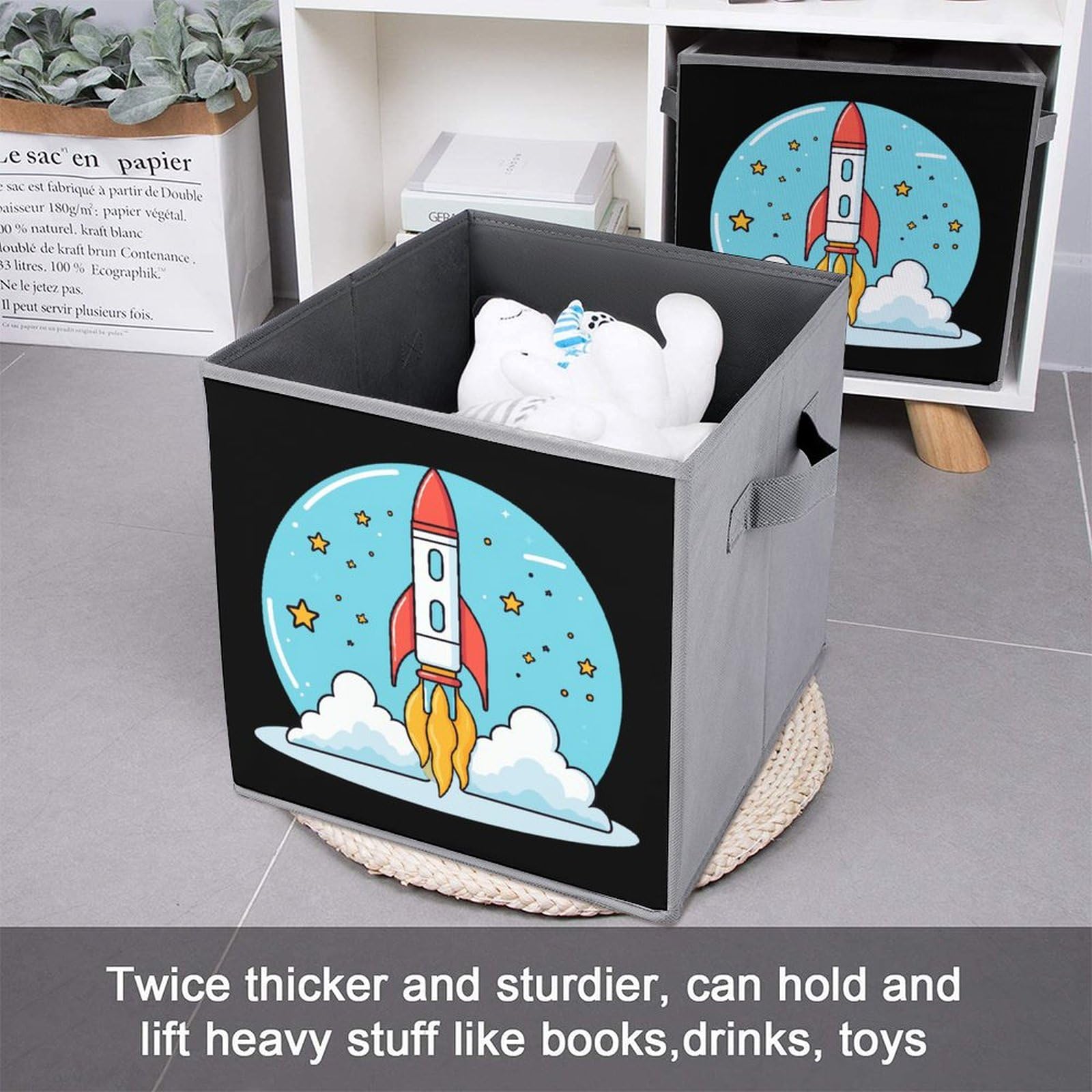 Cartoon Space Rocket Foldable Storage Bins - 1 Pack Square Organizer Baskets with Handles for Kids Room, Closet & Toy Organization | Space-Themed Decor for Bedroom & Playroom