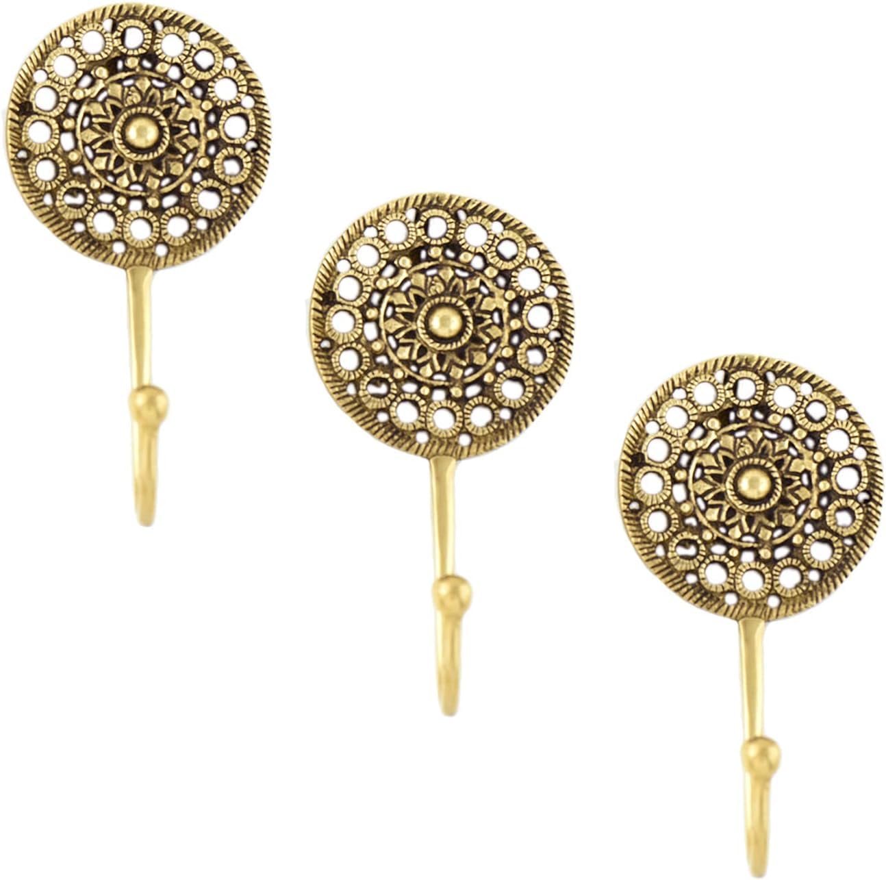 Boho Wall Hooks Set of 3 - Vintage Brass Coat Hooks for Hanging Coats, Keys & Hats - Decorative Shabby Chic Wall Mount Hook Holder - Gold Wall Hooks for Bedroom, Entryway & Bathroom Organization