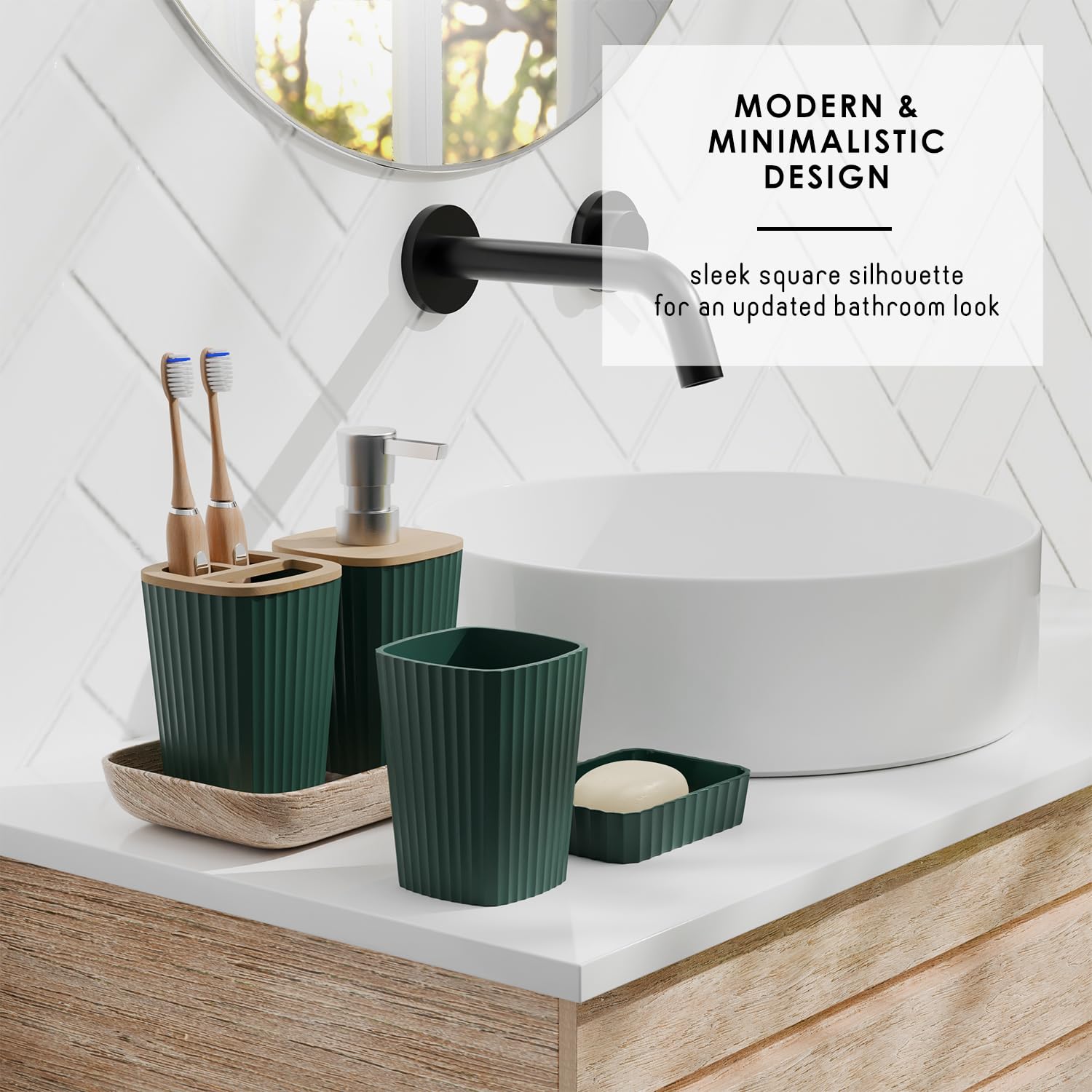 Clara Clark 20-Piece Green Bathroom Accessories Set - Shower Curtain, Toilet Brush, Trash Can & Soap Dispenser | Complete Bathroom Decor for Modern Homes & Guest Bathrooms