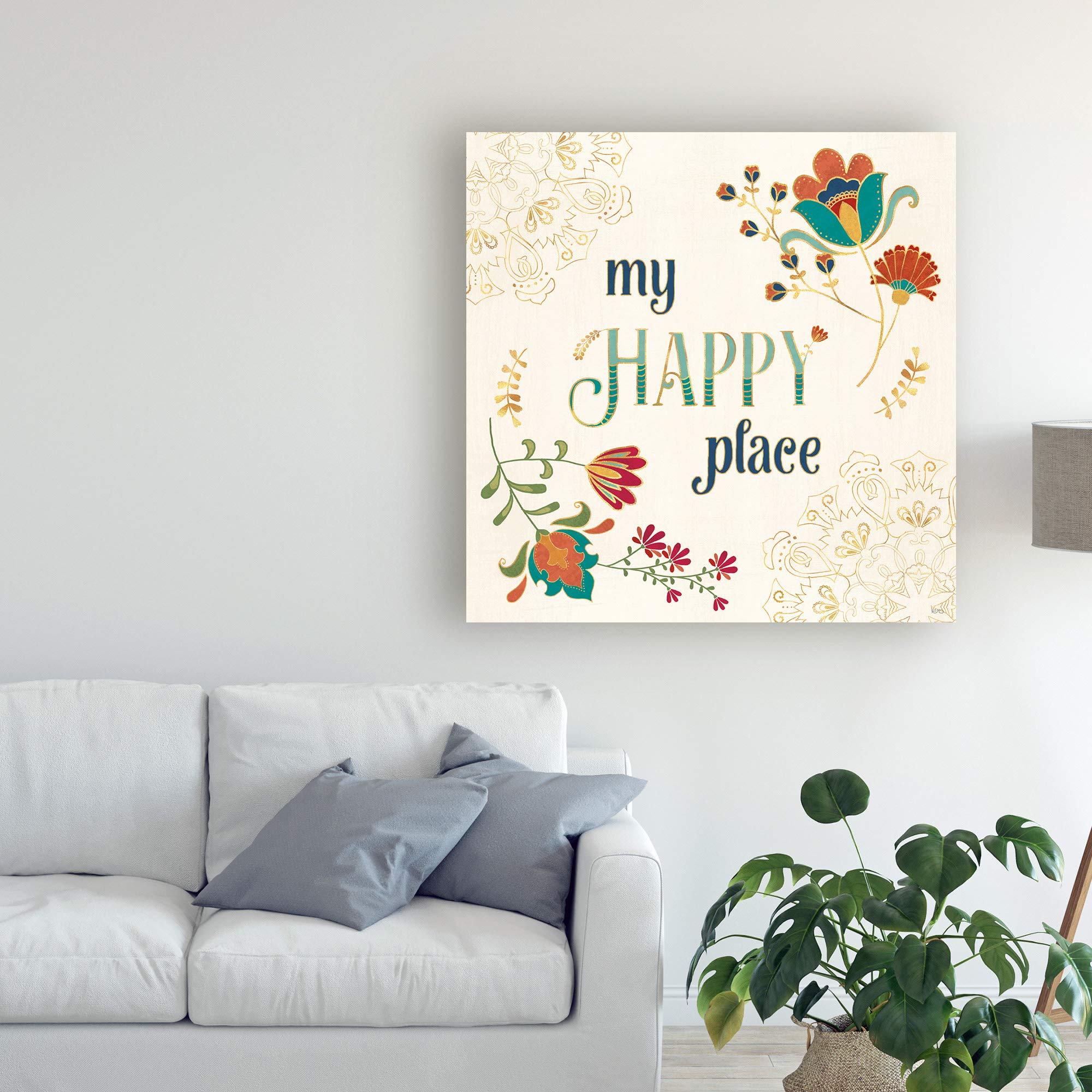 Trademark Fine Art Folk Floral 4 by Veronique Charron - 18x18 Inch Square Canvas Wall Art - Perfect for Living Room, Bedroom & Office Decor