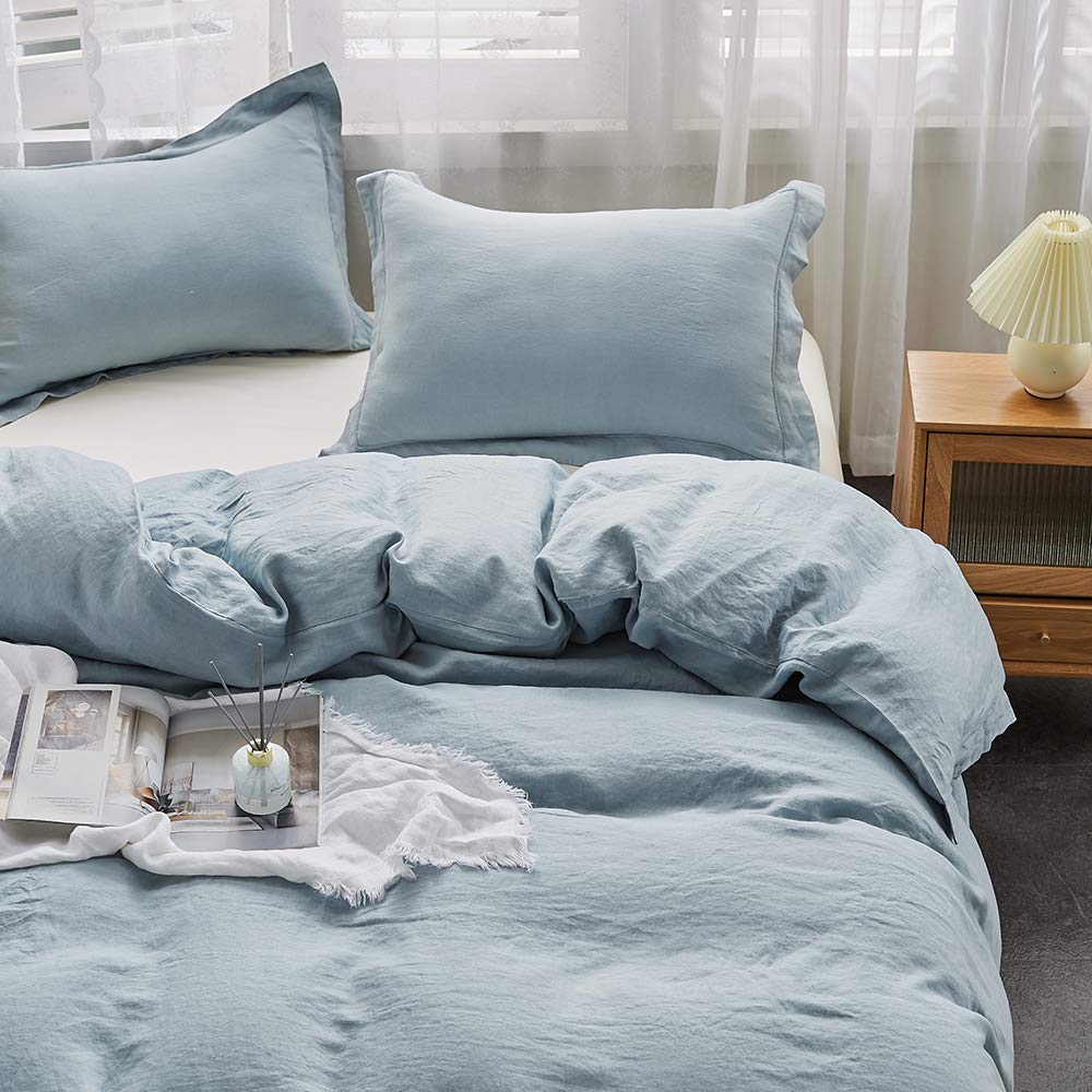 Luxury 100% Washed Linen Duvet Cover Set - Queen Size 88x92 Inches - 3 Piece Farmhouse Bedding with Embroidered Design & Button Closure - Includes 1 Duvet Cover + 2 Pillow Shams - Dusty Blue - Perfect for Master Bedroom, Guest Room & Cozy Farmhouse Decor