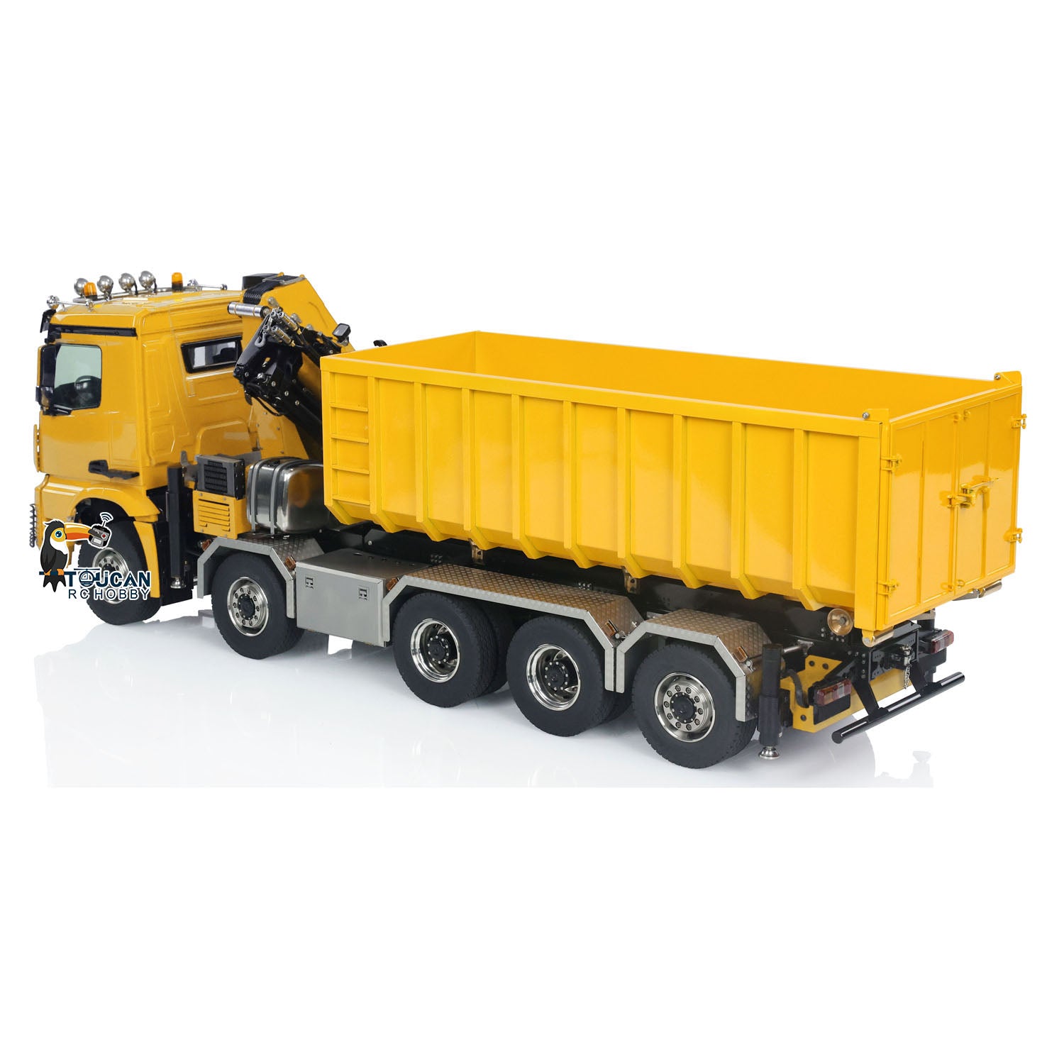 1:14 Scale 10x10 RC Hydraulic Crane Truck - Full Dump Metal Lorry with Rear Axle Steering & U-Shaped High-Standard Bucket & Timber Flatbed - Perfect for Construction Site Simulation, RC Hobbyists, and Collectors