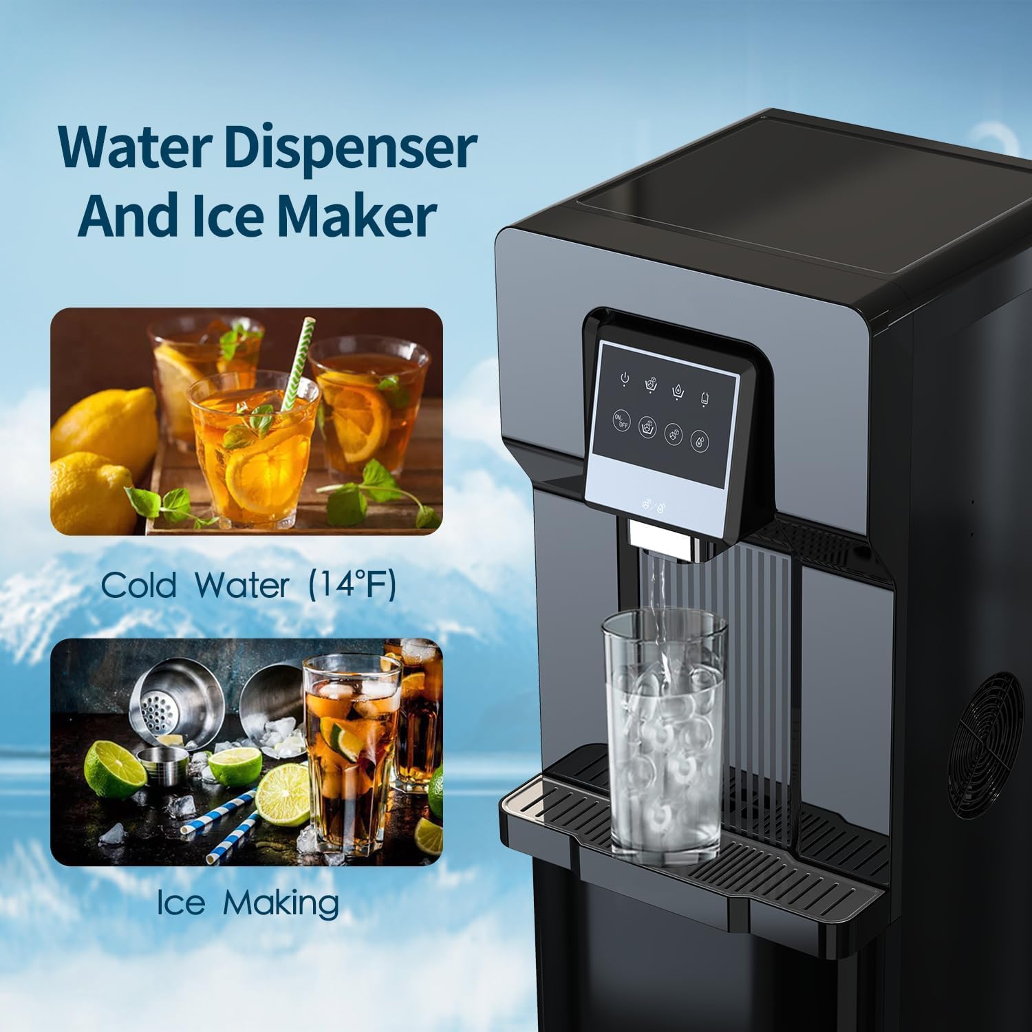 2-in-1 Bottom Loading Water Cooler Dispenser with Ice Maker - 5 Gallon Bottle Capacity, Cold & Room Temperature Water, 18LBS/24H Ice Production, Touch Control Panel, UL Certified - Perfect for Home, Office, or Commercial Use