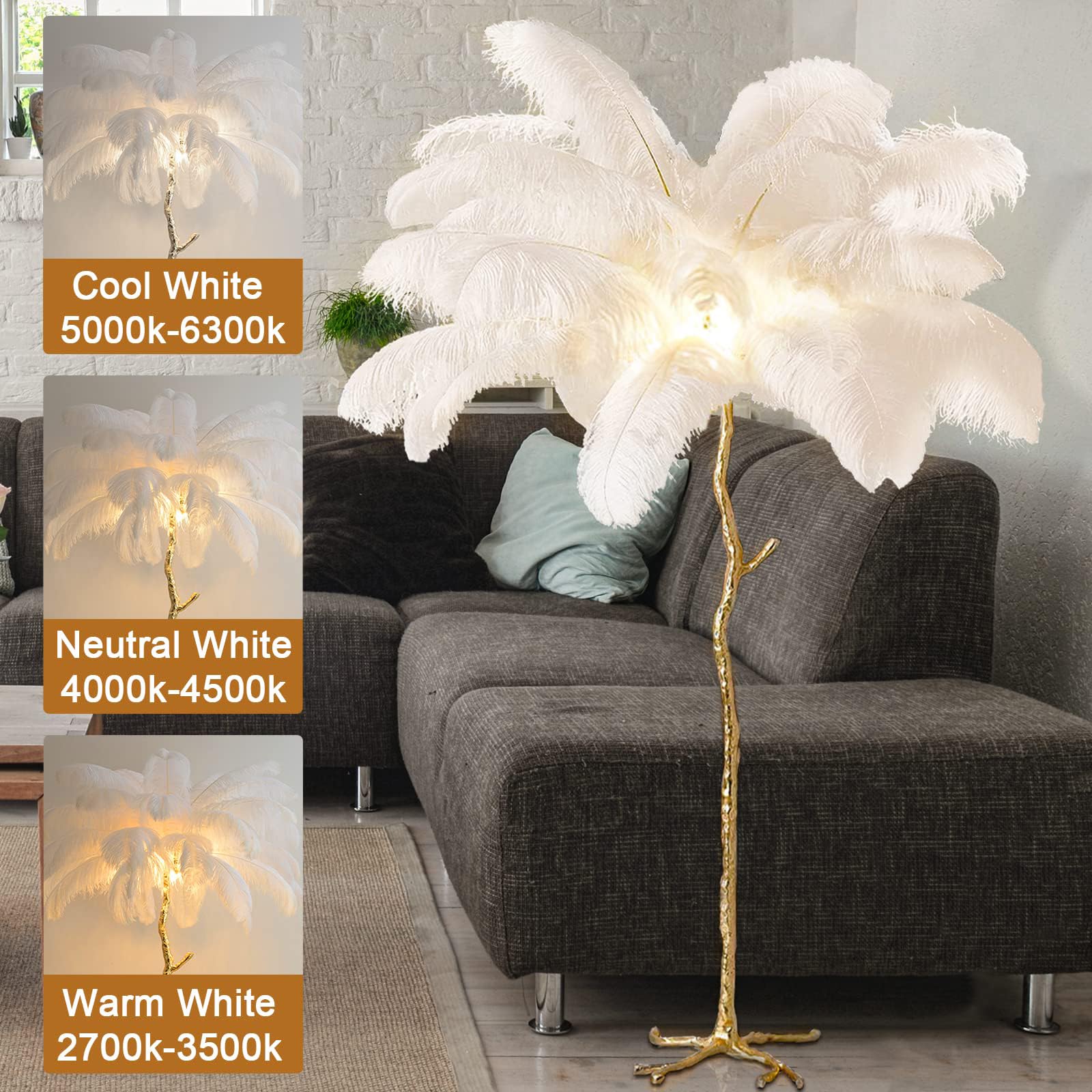 Natural Ostrich Feather Floor Lamp - Modern LED Dimmable Standing Lamp for Bedroom, Living Room & Office | 47-inch White Tall Corner Lamp for Romantic Reading & Ambient Lighting | Perfect for Princess Bedroom Decor & Dining Room Accent