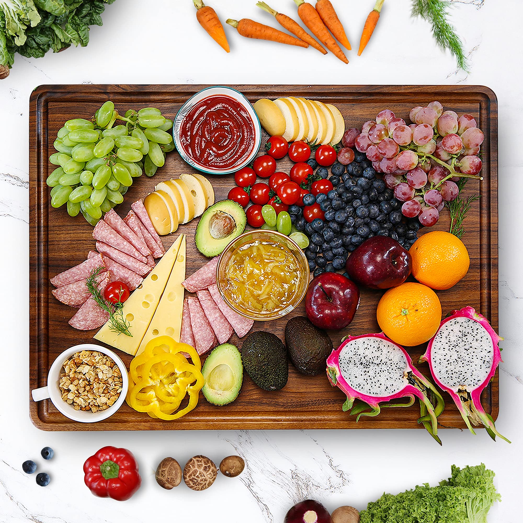 AZRHOM XL Large Walnut Wood Cutting Board 20x15 Inch - Thick Reversible Butcher Block with Juice Groove & Non-Slip Mats, Gift Box Included - Perfect for Kitchen Prep, Meat Cutting, Charcuterie Boards & Holiday Gifting