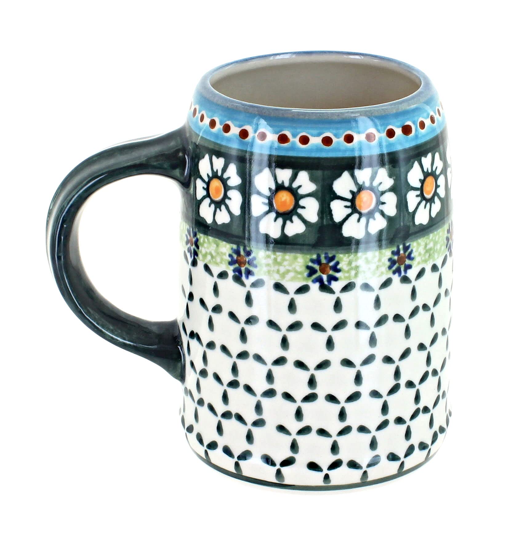 Handmade Blue Rose Polish Pottery Beer Mug - Traditional Country Style with Green Daisy Design - Perfect for Home Decor, Gift Giving & Rustic Kitchenware