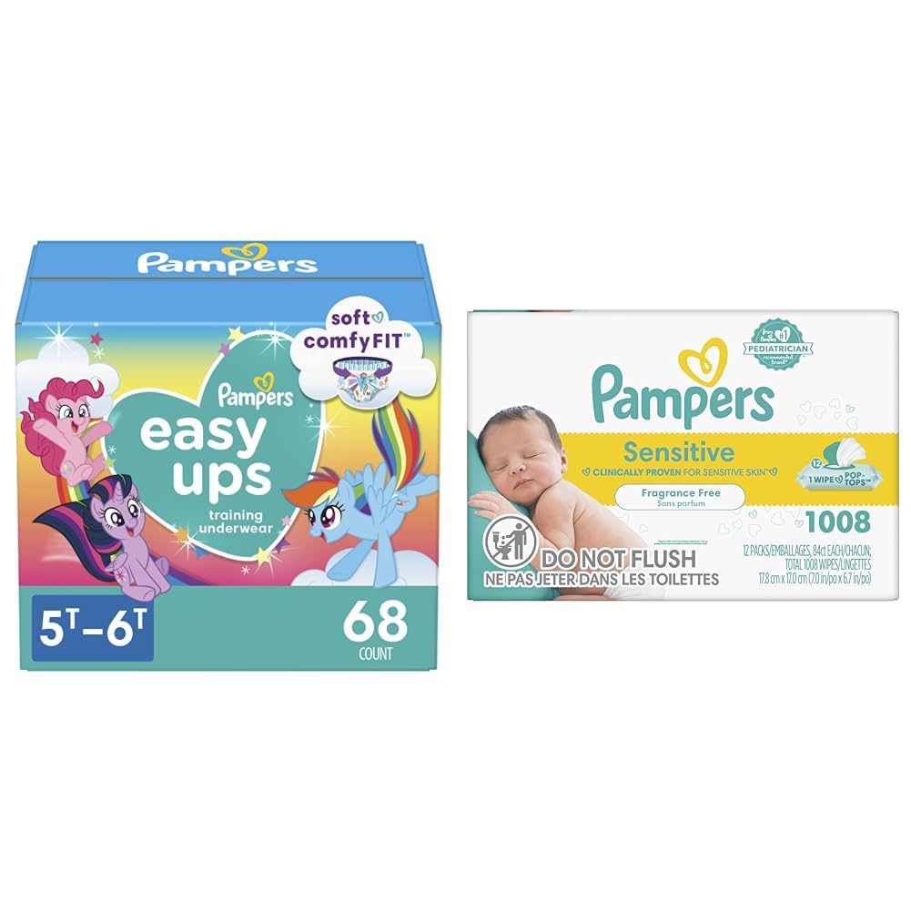 Pampers Easy Ups Potty Training Underwear for Toddlers - Boys & Girls, Sensitive Baby Wipes (12 Packs, 1008 Count) - Perfume Free, Leak Protection for Daytime & Nighttime Use - Perfect for Home, Daycare & Travel