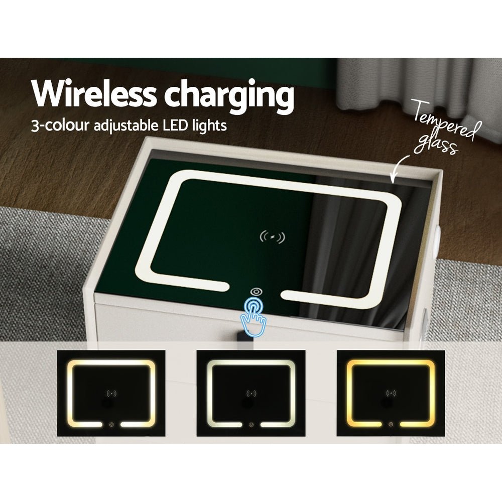 Aika Smart Bedside Table with Wireless Charging, LED Lights & Bluetooth Speaker - Modern Nightstand for Bedroom, Office, or Dorm - White