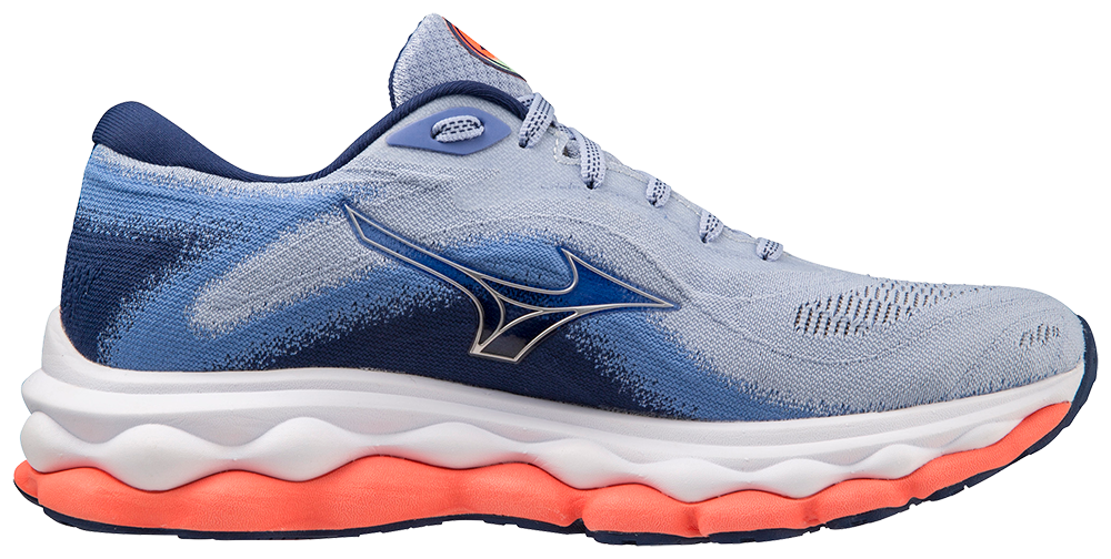 Mizuno Women's Wave Sky 7 Running Shoes - Blue Henon/Silver/Neon Flame - Lightweight Cushioned for Long-Distance Running & Marathon Training