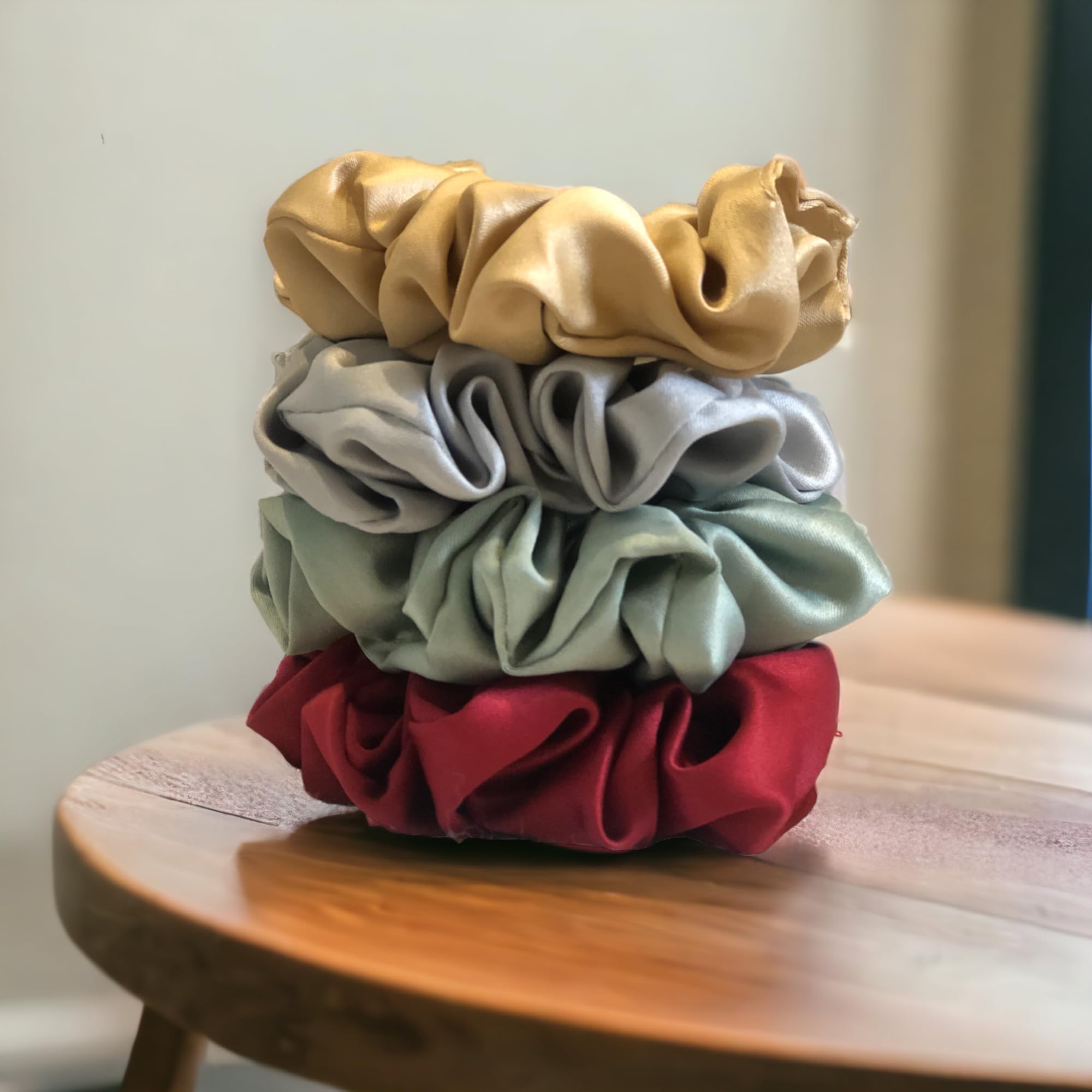Luxury Satin Silk Scrunchies & Hair Bands for Women, Girls, Kids - Soft Elastic Hair Ties for Daily Use, Parties, Gifts in Silver, Beige, Dark Red, Pastel Green (4-Pack) - Perfect for School, Work, Weddings & Special Occasions