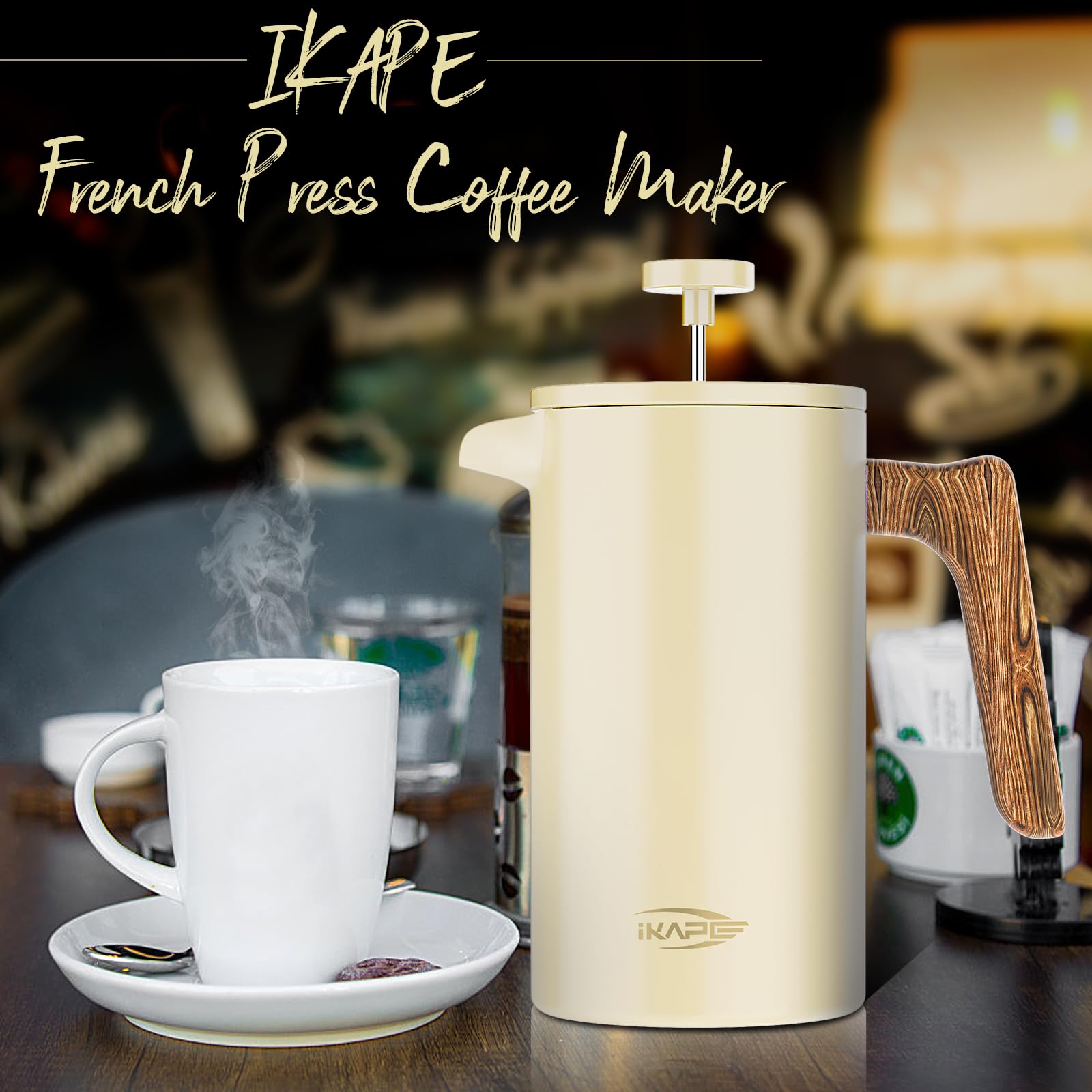 IKAPE 34 OZ French Press Coffee Maker - 304 Stainless Steel Espresso & Tea Brewer with 4-Level Filtration System (Yellow) | Perfect for Home, Office & Camping Use