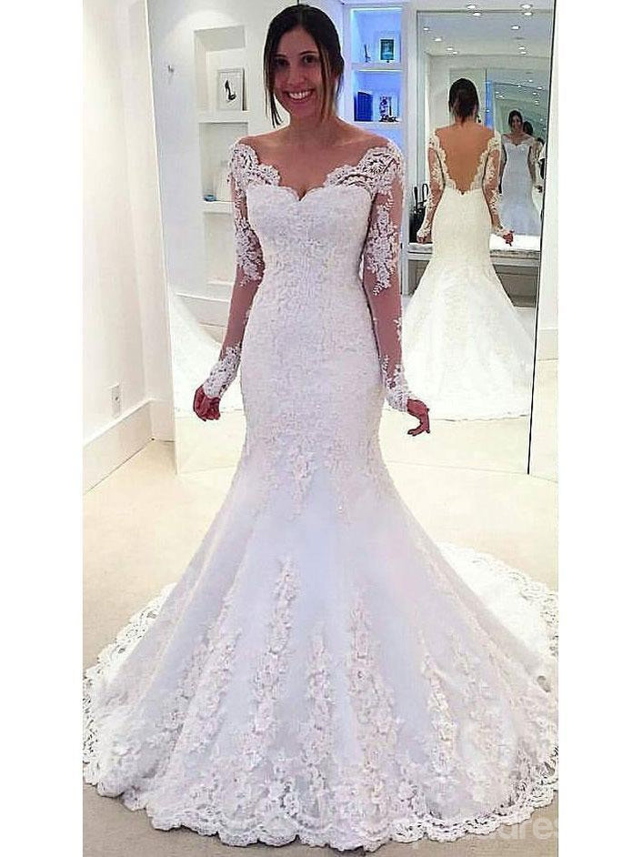 Elegant Long Sleeve Off Shoulder Mermaid Lace Wedding Dress - Custom Made Bridal Gown WD349 | Perfect for Beach Weddings, Vow Renewals & Formal Evening Ceremonies