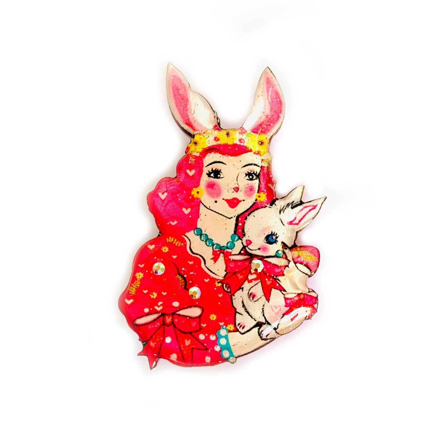 Rosie Rose Parker Bunny Girl Brooch - Cute Rabbit Pin for Women, Vintage Floral Enamel Lapel Pin - Perfect for Jackets, Scarves, Hats & Gift Giving