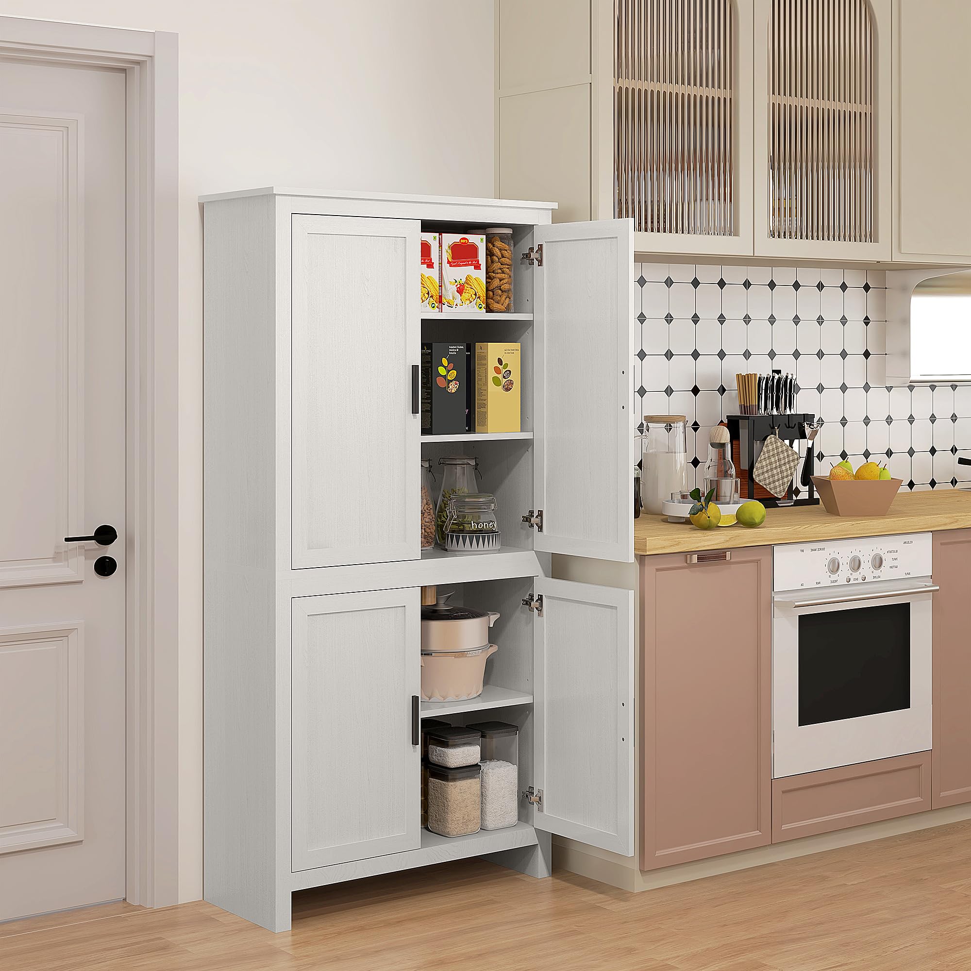 HOMCOM 64 Inch White Kitchen Pantry Cabinet - Freestanding Storage Organizer with 4 Doors & 3 Adjustable Shelves for Dining Room, Kitchen, Living Room - Perfect for Food Storage, Dishes, and Home Organization