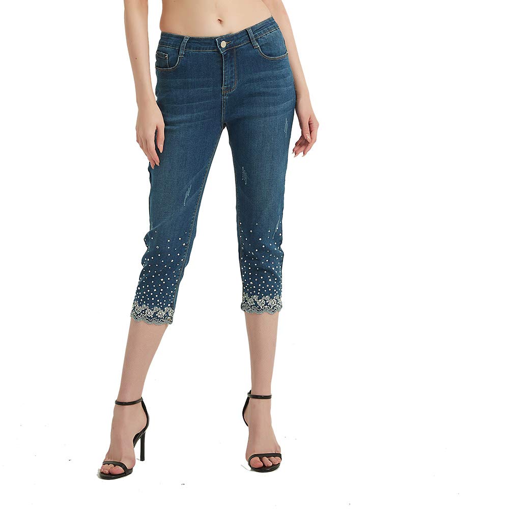 Lisskolo Women's Embroidered Stretch Skinny Capri Jeans - Mid-Rise Cropped Denim Pants for Casual Wear & Summer Outfits