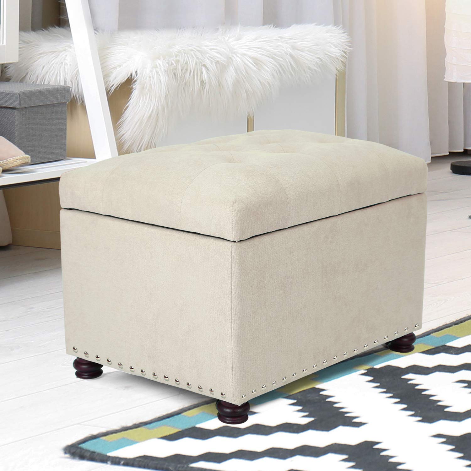 Adeco Stylish Cotton Blend Fabric Rectangular Storage Bench with Ottoman - White | Perfect for Living Room, Bedroom & Entryway Storage & Seating