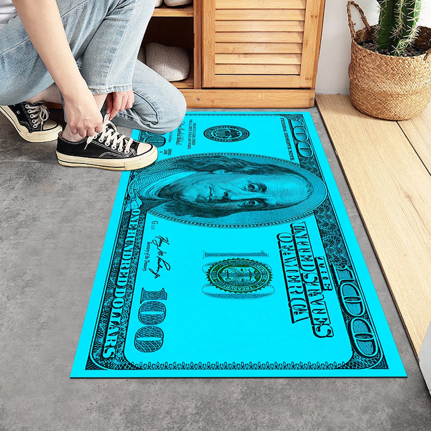 GUBIYU Blue 100 Dollar Bill Area Rug - Funny Money Print Floor Carpet with Non-Slip Backing 24x36 Inches - Perfect for Living Room, Bedroom, Kitchen Runner, Laundry & Bathroom Mat