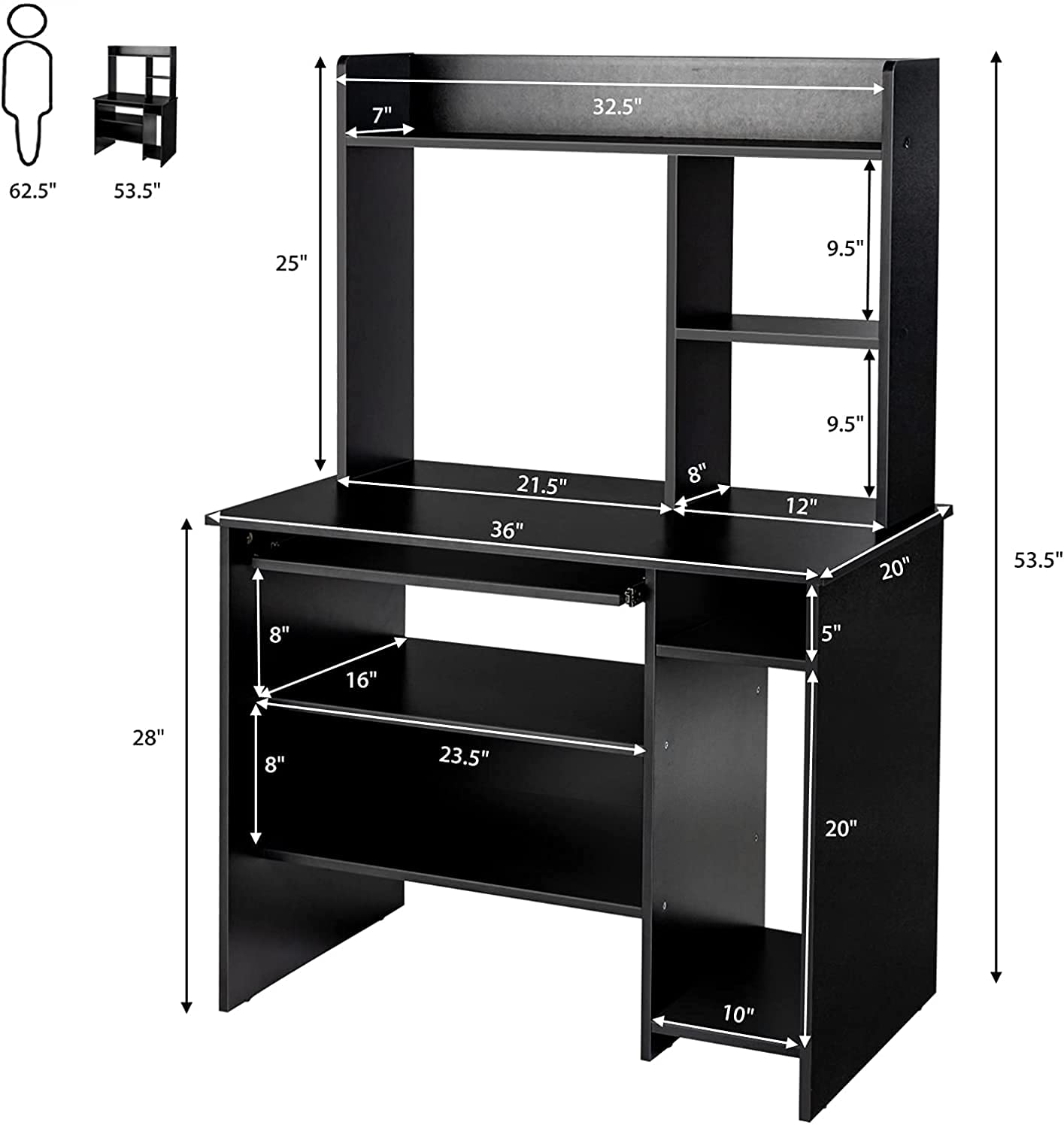 CHEFJOY Modern Computer Desk with Hutch & Bookshelf - Wooden Study Writing Desk with Storage Shelves, Home Office Laptop Table with Keyboard Tray - Space-Saving Design for Small Spaces (Black) | Perfect for Home Office, Study Room & Small Apartments