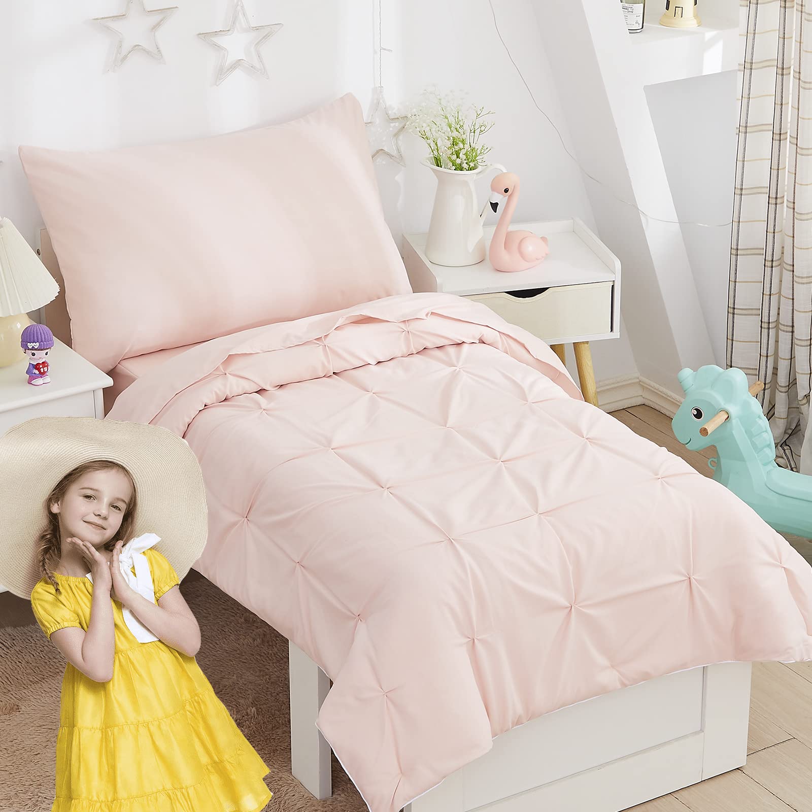 Brandream Pink Pintuck 4-Piece Toddler Bedding Set for Girls - Soft Comforter, Fitted Sheet, Flat Sheet & Pillowcase - Princess-Themed Luxury Kids Bedding | Perfect for Nursery, Daycare & Sleepovers