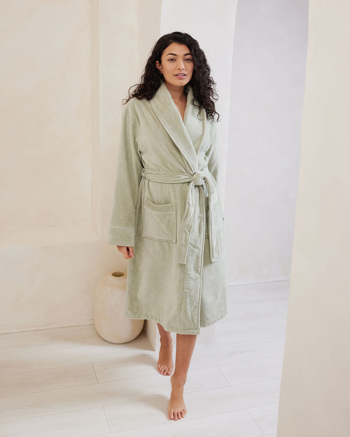 Soft Cotton Terry Cloth Bathrobe for Women - Cozy Sage Green Dressing Gown with Pockets | Perfect for Spa, Lounge & After Shower Relaxation at Home