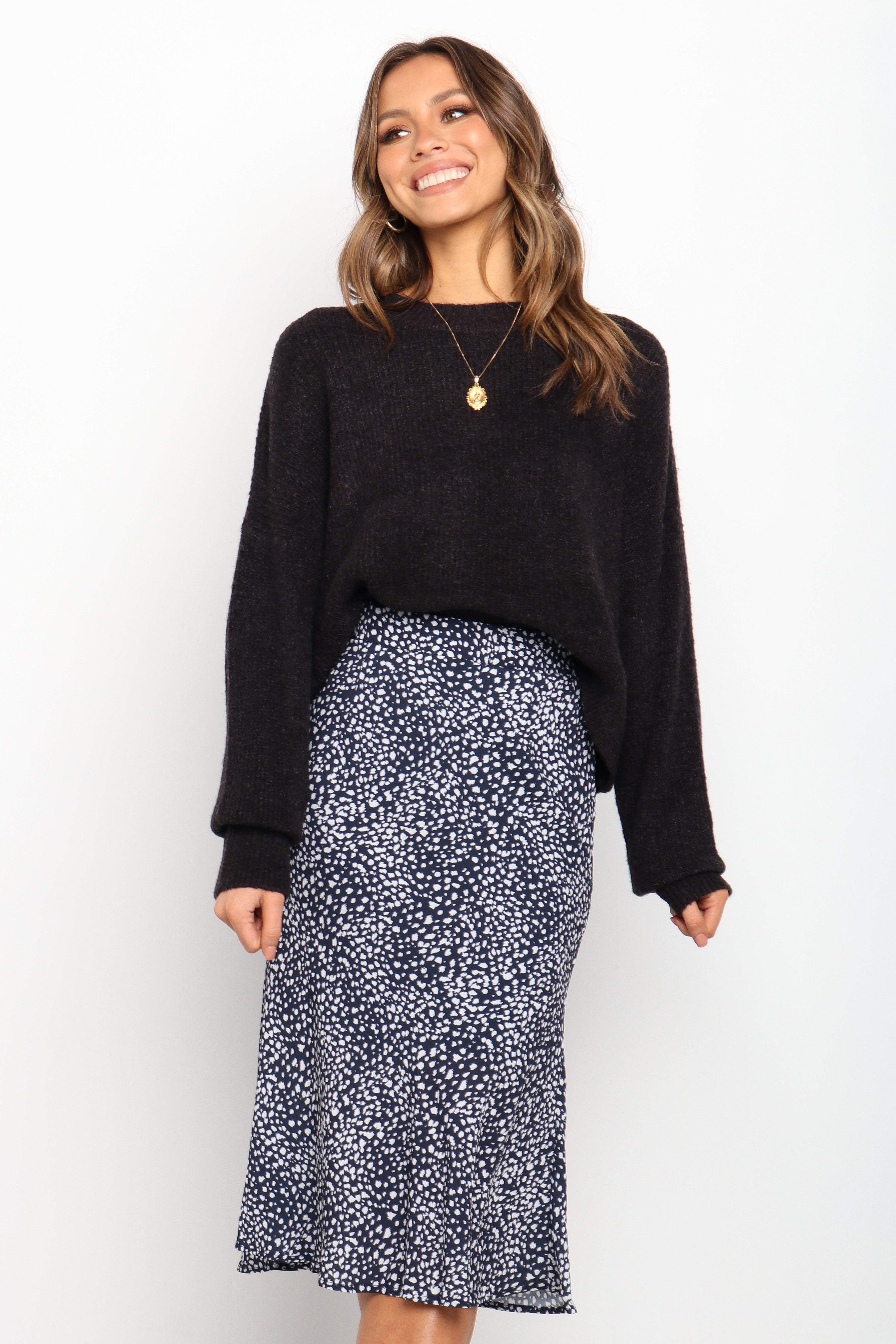 Falco Women's Navy Blue Midi Skirt - Elegant A-Line Flowy Skirt for Office, Party & Casual Wear