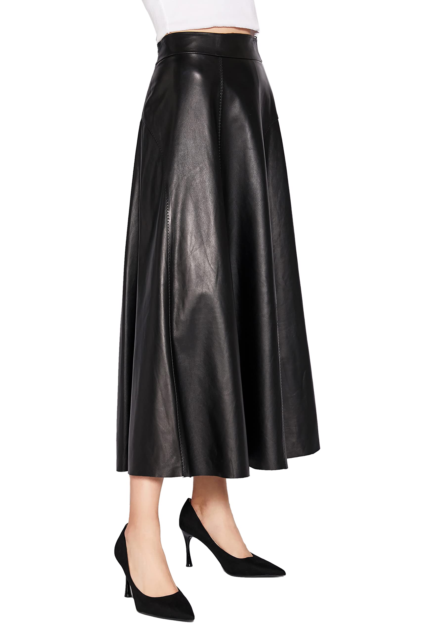 Women's High Waist Leather Skater Skirt - Flared Midi Skirt for Women, Black, Vintage Style A-Line Skirt for Casual Outfits, Office Wear & Date Night