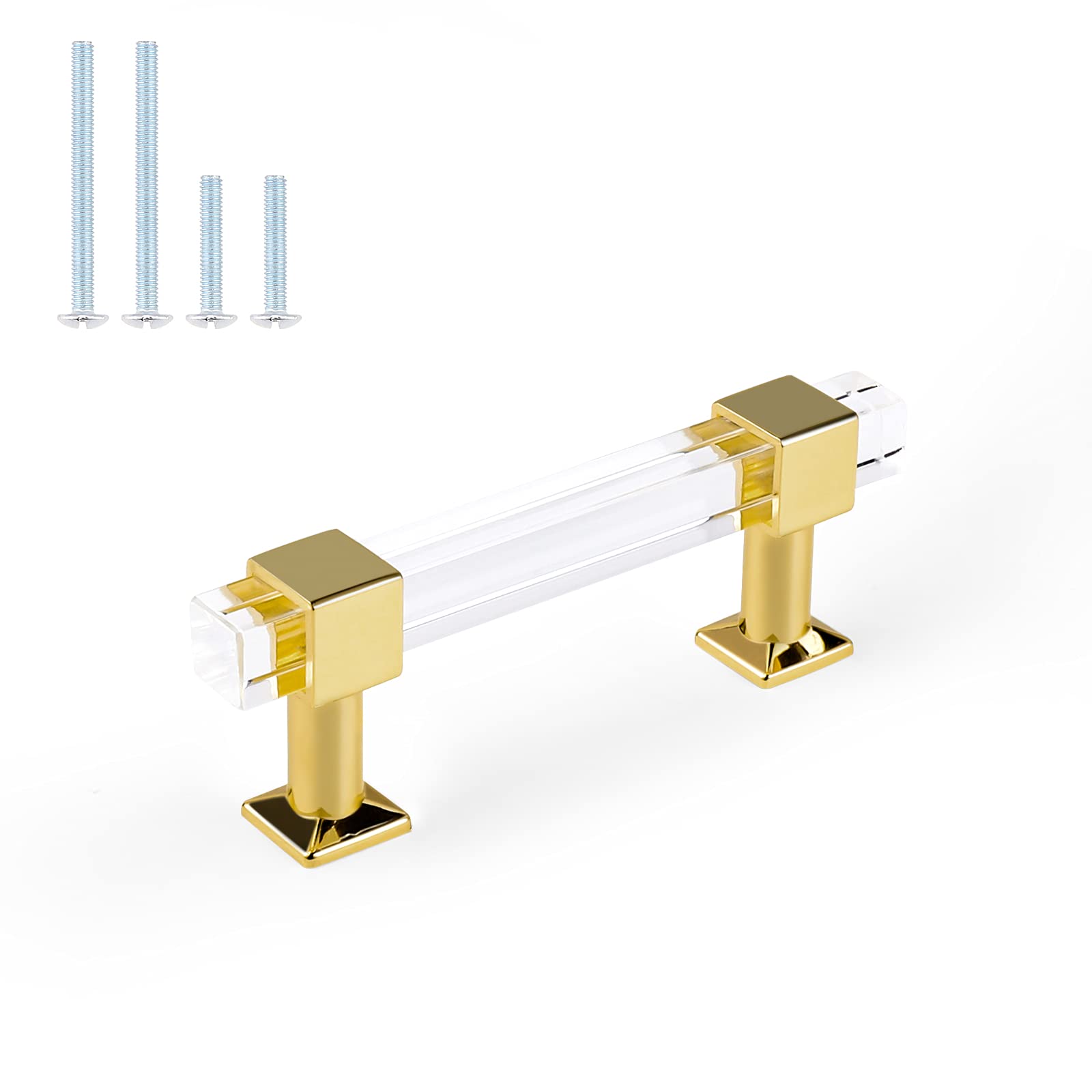 Orger 30 Pack 3 Inch Clear Acrylic Square Tube Cabinet Handles with Gold Finish - Modern Drawer Pulls for Kitchen Cabinets, Bedroom Dressers, Wardrobes & Cupboards - Easy Installation & Stylish Upgrade for Home Decor