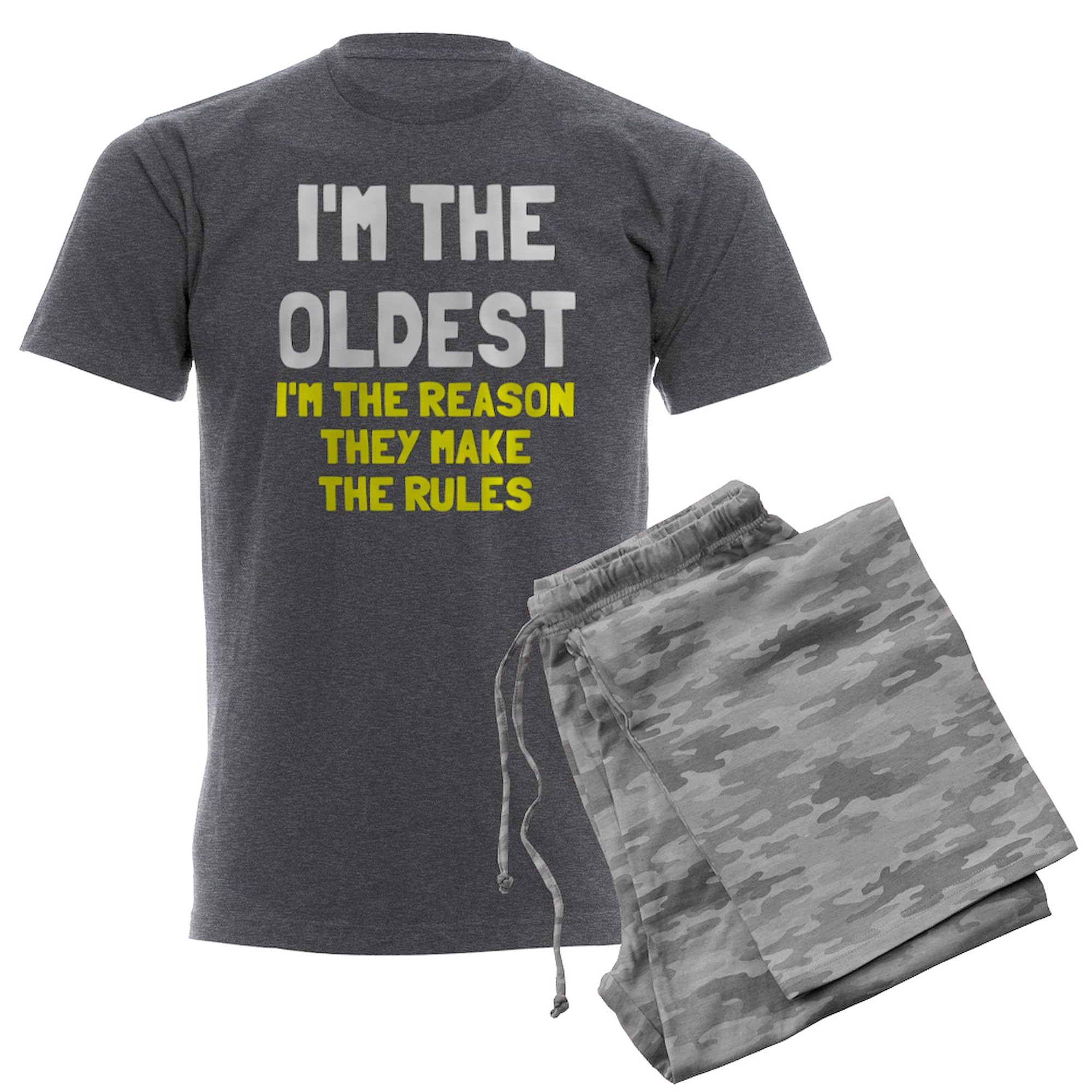 Men's Charcoal Novelty Pajamas - 'I'm The Oldest Make Rules' Funny Sleepwear | Comfortable Lounge Pajama Set for Fathers, Grandpas & Family Gatherings