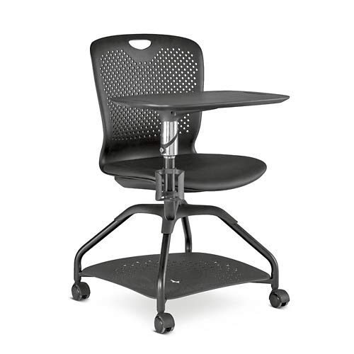 NBF Signature Series Armless Swivel Tablet Chair - White Plastic Back & Ocean Polyurethane Seat - Durable Mobile Office Chair with Adjustable Tablet Arm & Heavy-Duty Steel Frame - Perfect for Classrooms, Home Offices & Study Areas