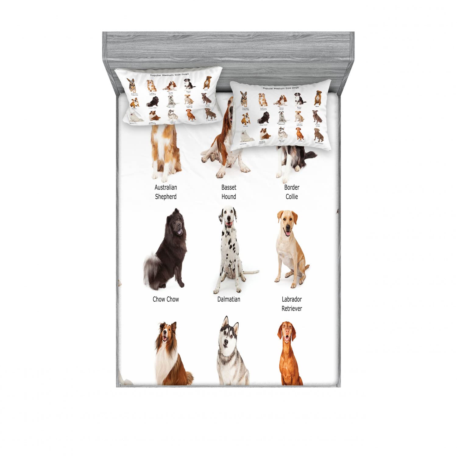Ambesonne 2-Pack Fitted Sheet & Pillow Sham Set - Puppy Breeds Family Design, 4-Piece Queen Size Bedding Set with 2 Fitted Sheets & 4 Pillow Covers, Vibrant Multicolor Dog Pattern - Perfect for Pet Lovers' Bedroom Decor, Kids Room, or Cozy Dog-Themed Guest Room