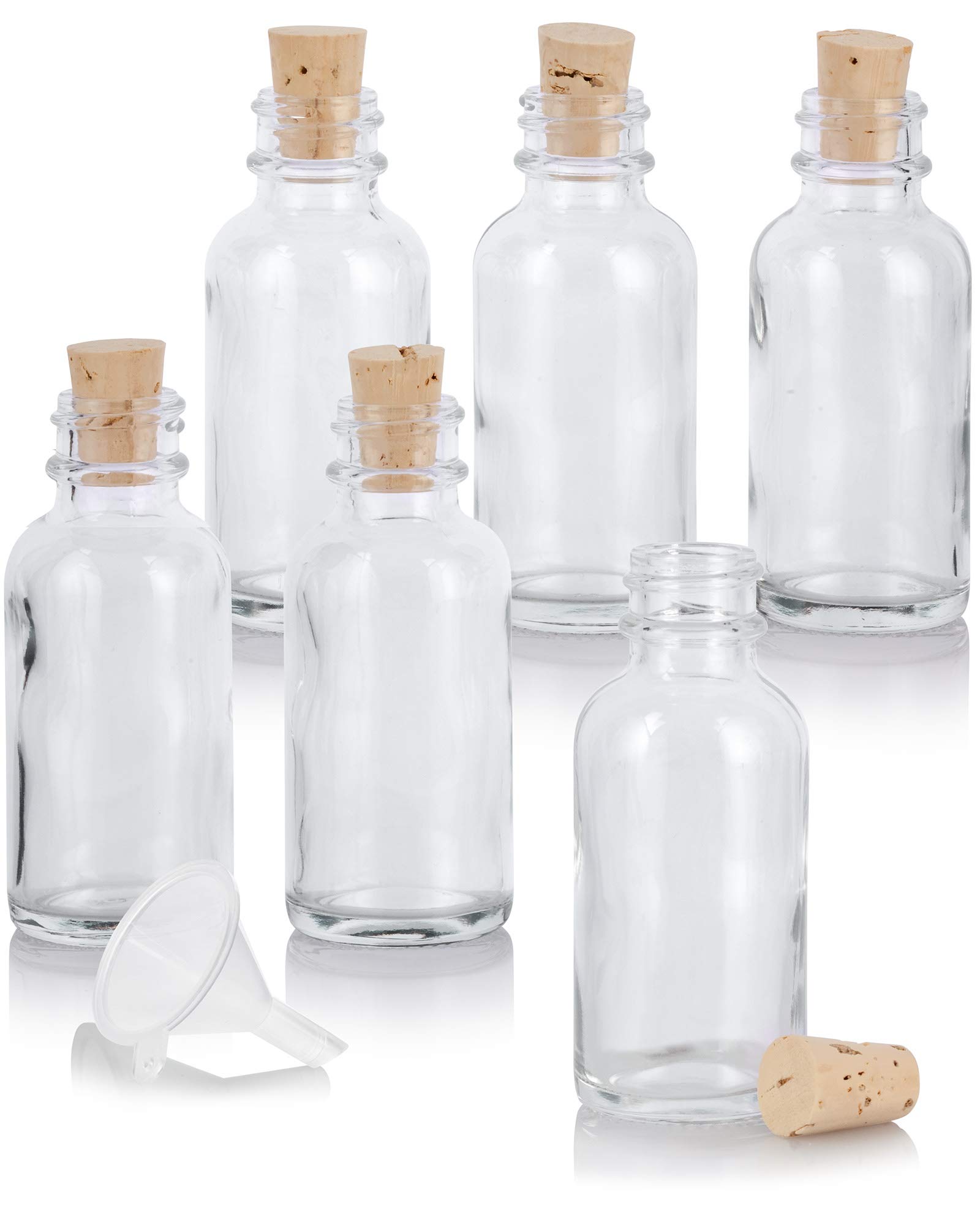 JUVITUS 6-Pack 1 oz (30 ml) Clear Glass Boston Round Bottles with Natural Cork Stoppers & Bonus Funnel - Essential Oil, Perfume, DIY Craft Storage Solution for Home, Travel & Gifting