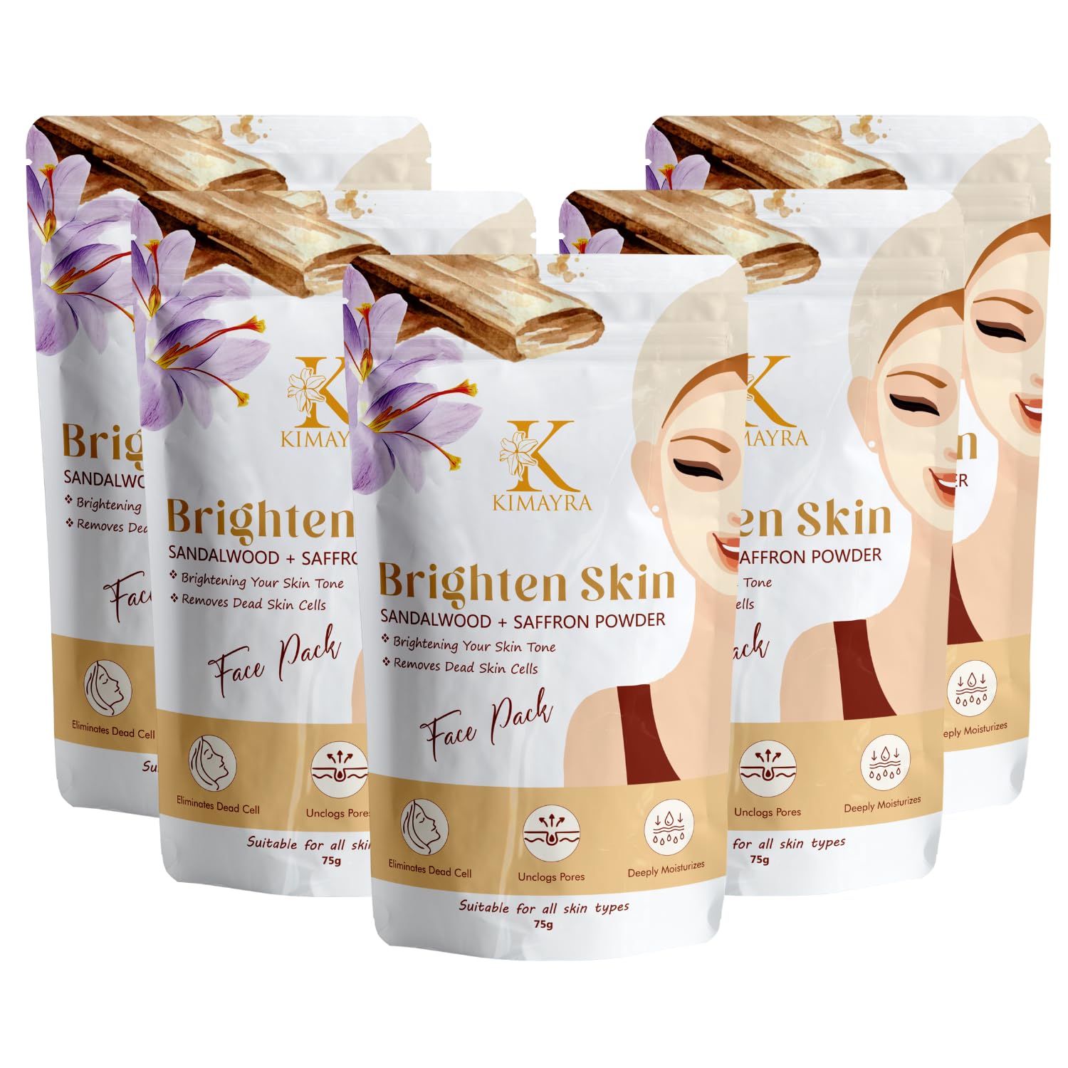 Kimayra Sandalwood & Saffron Face Pack Powder - Brightens Skin Tone, Removes Dead Cells & Deeply Moisturizes | Natural Skincare for All Skin Types (75g, Pack of 5) | Perfect for Daily Glow Routine & Spa Treatments