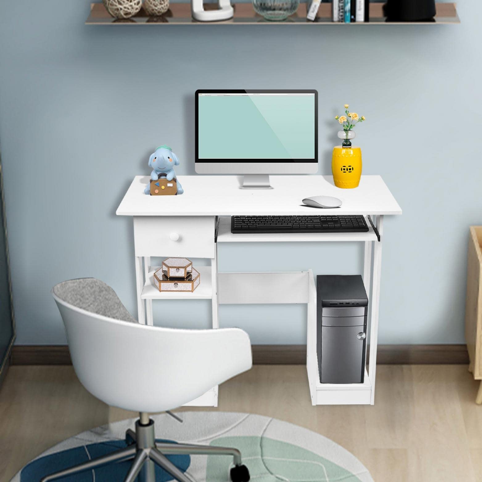 35 Inch Home Office Desk with Drawer - Multifunctional Study Table for Students & Professionals, Writing Desk with Keyboard Tray & Bookshelf - Perfect for Small Spaces in Bedroom, Living Room or Home Office