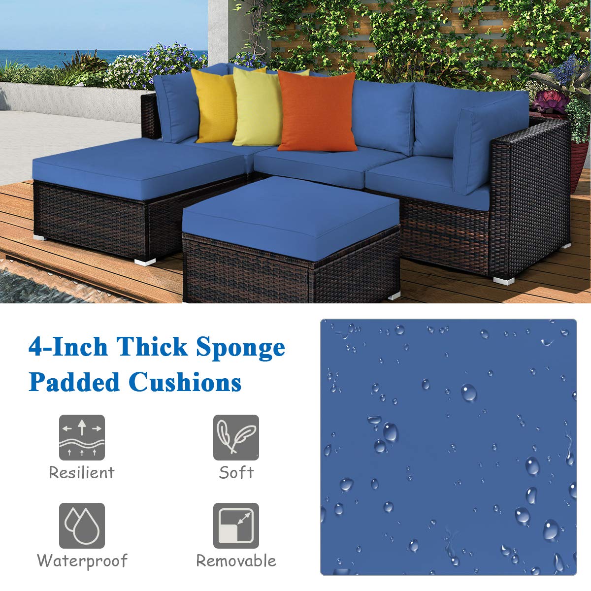 Tangkula 5-Piece Outdoor Patio Furniture Set - Wicker Rattan Sectional Sofa with Cushions & Coffee Table - Navy Blue Conversation Set for Backyard, Porch, Garden, Poolside & Deck - Perfect for Relaxing & Entertaining Outdoors