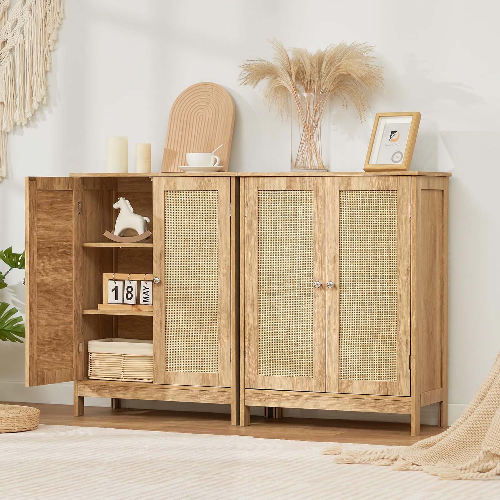 Iwell Rattan Storage Cabinet with Adjustable Shelf - Floor Cabinet for Bathroom, Living Room, Entryway, Kitchen & Home Office - Natural Woven Organizer for Home Decor & Space Saving Storage