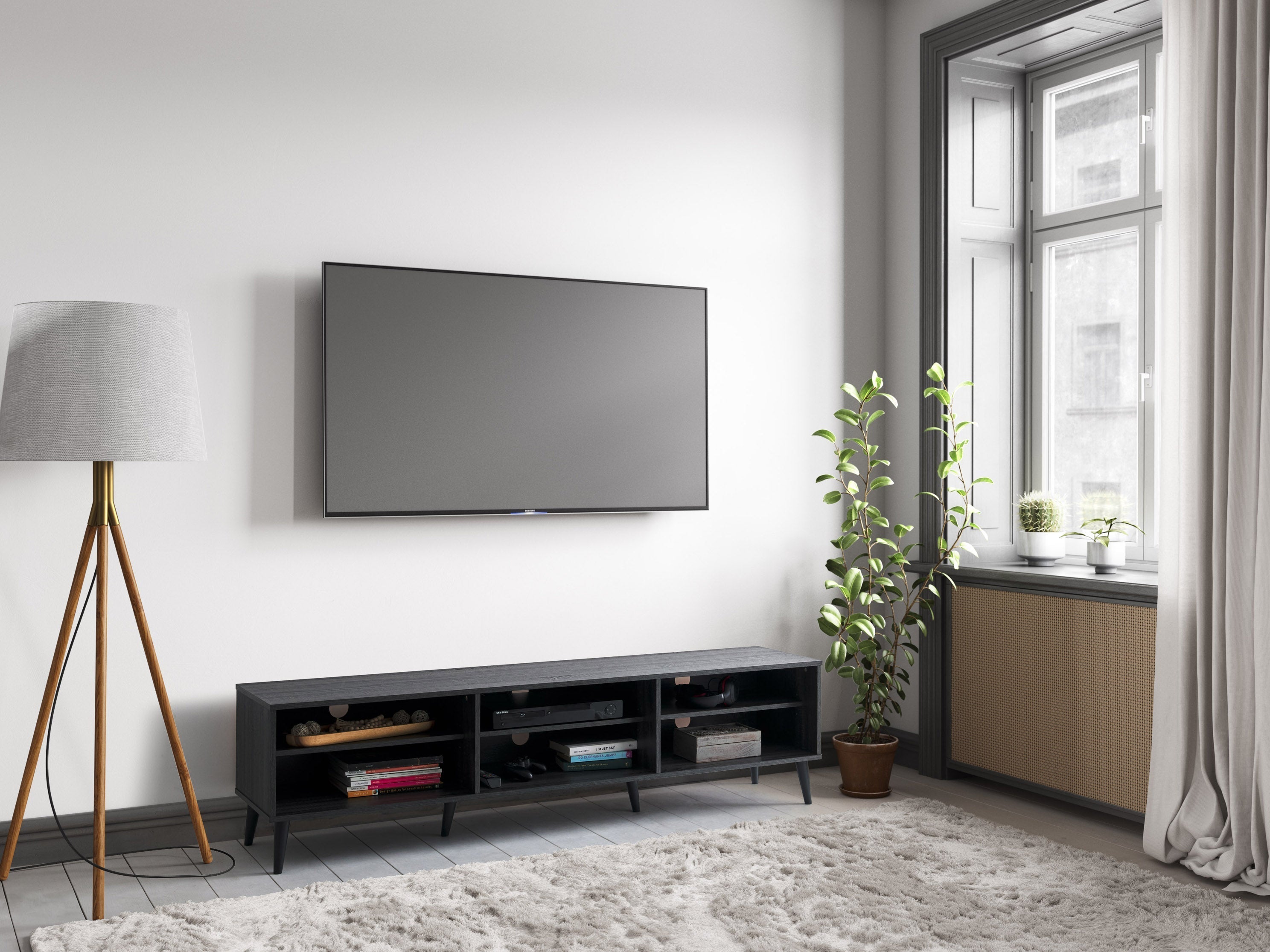 Modern Dark Grey TV Stand with Open Shelves for TVs up to 85 Inches - Perfect for Living Room, Home Theater & Entertainment Center Organization