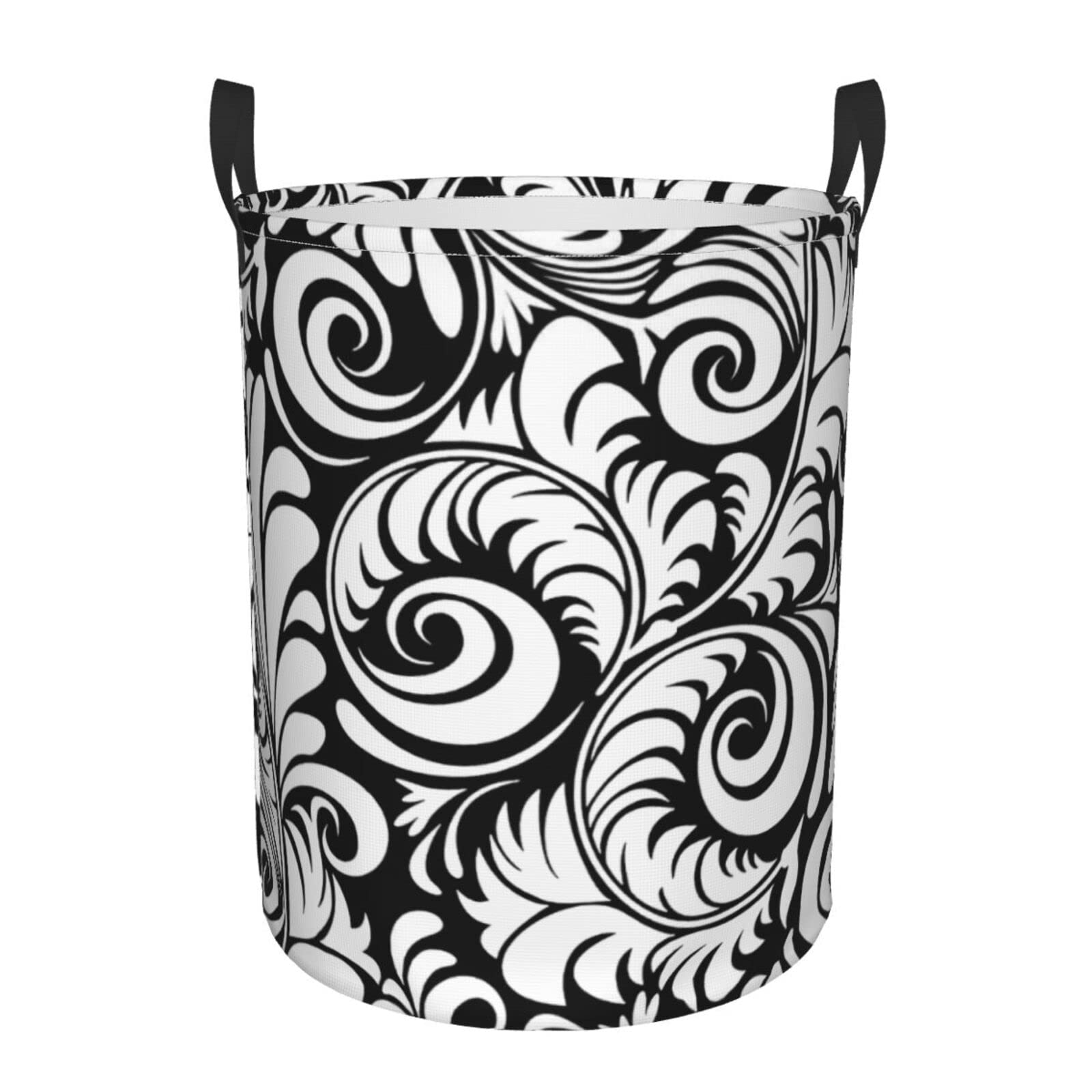 YINSING Collapsible Laundry Basket with Handle - Waterproof Fabric Hamper Organizer for Clothes, Toys & Bathroom Storage (Black & White Floral Design, Large Capacity) - Perfect for Bedroom, Laundry Room & Dorm Organization